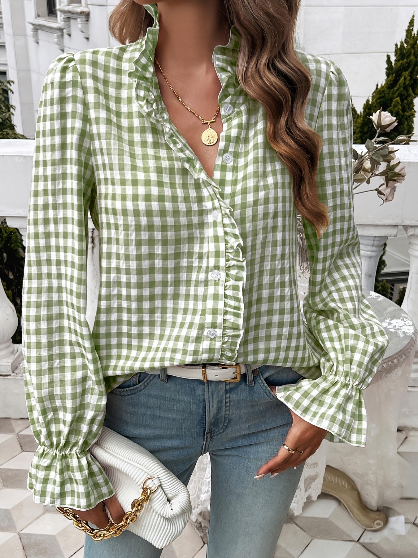 ZAFUL Women's Fashion Plaid Button-Down Shirt - Long Sleeves, Ruffle Detail, Light Blue and White Plaid Pattern, Professional Business Look, Machine Washable