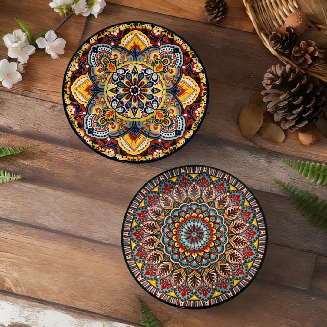 2-Piece 8.07-Inch Ceramic Plate Set, Boho Style Kitchen Diningware, Creative Home Tableware, Fruit Bowl, Steak Plate, Shallow Round Plates