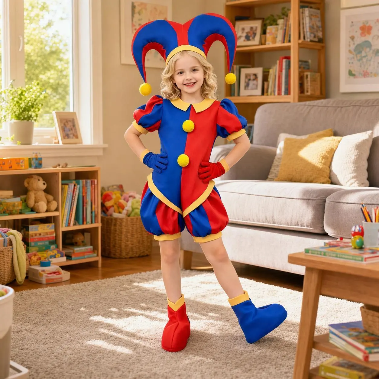 Kids' Retro Circus Jester Clown Costume Set - Red/Blue Puff Sleeve Jumpsuit with Hat, Gloves, Shoe Covers for Halloween, Party Wear, Stage Performances