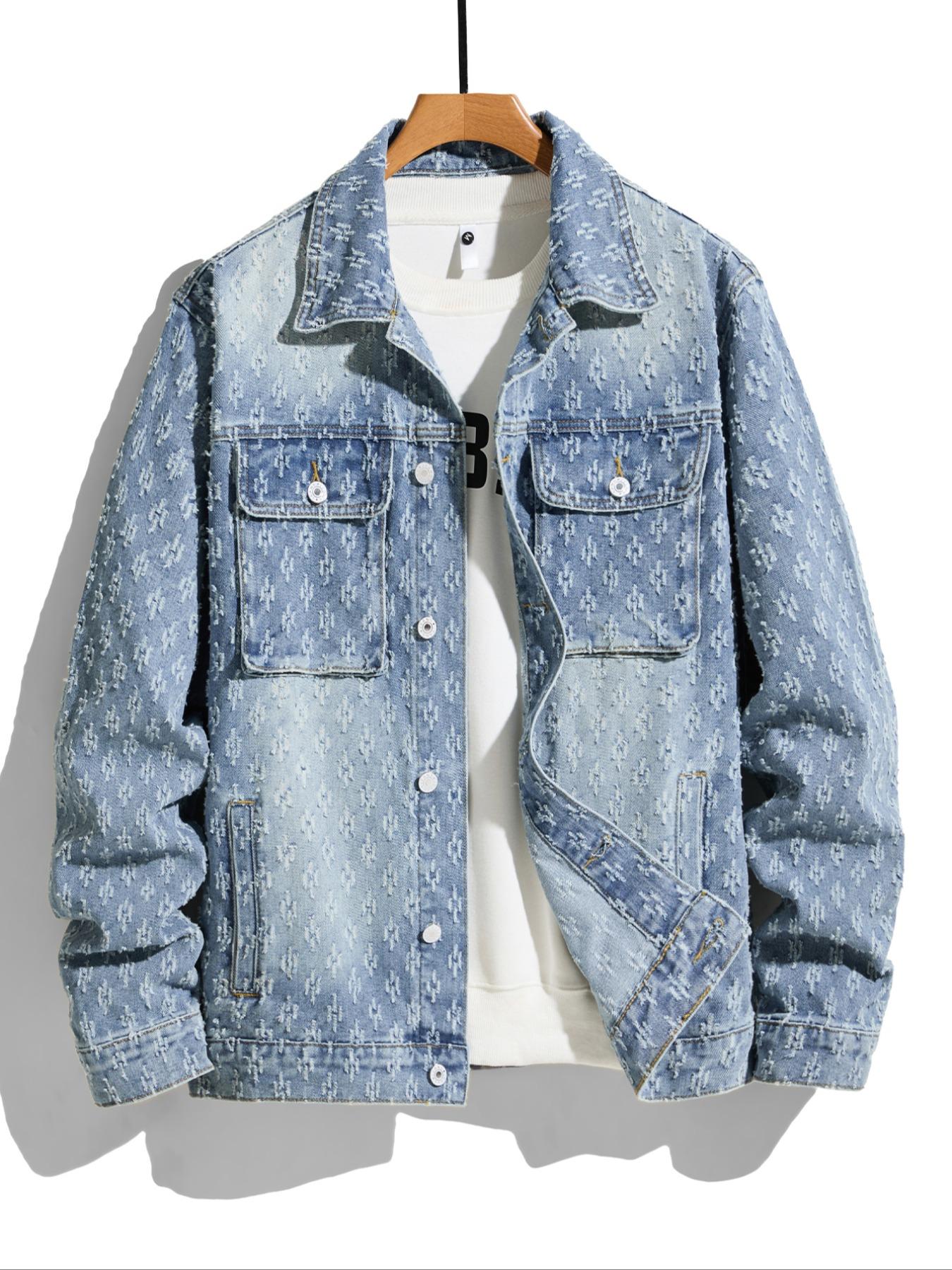 Men's Trendy Street Style Washed Light Color Single Button Long Sleeve Denim Jacket, Casual Ripped Jean Coat, Perfect Gift for Boyfriend