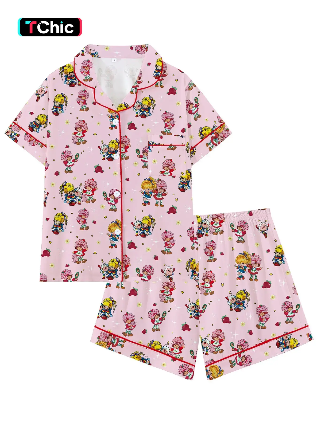 Strawberry Girl Rainbow brite Cartoon Pajama Set, Cute Loose-Fitting Short Sleeve Sleepwear, Lounge Wear Set, Comfortable for All Seasons, Perfect Gift