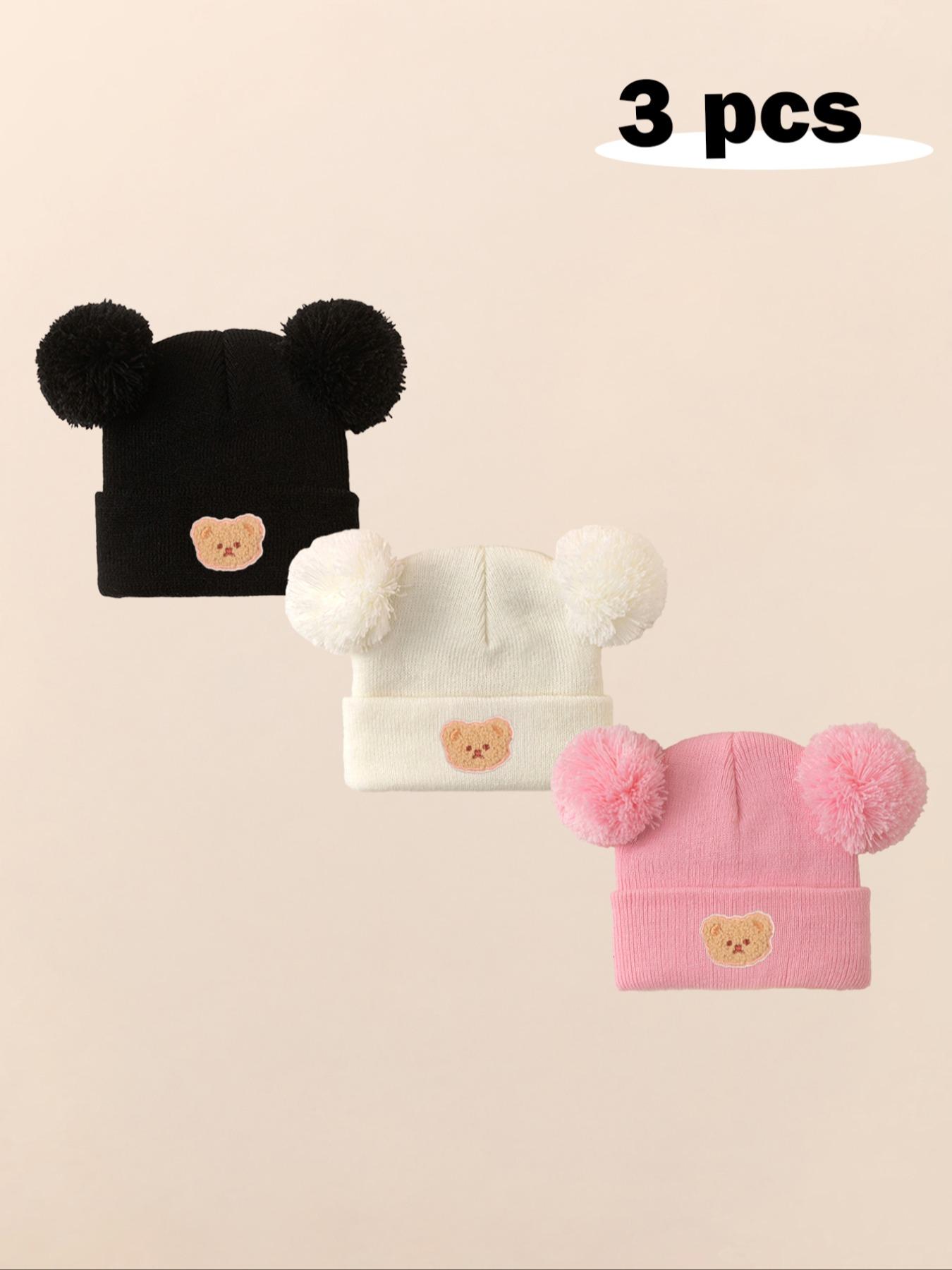 3pcs Baby Girl Newborn Toddler Pom-Pom Bear Beanie Hat, Cozy Knit Winter Warm Heart Cute Hat, Outdoor Baby Accessories Bonnet, Knitting Beanie