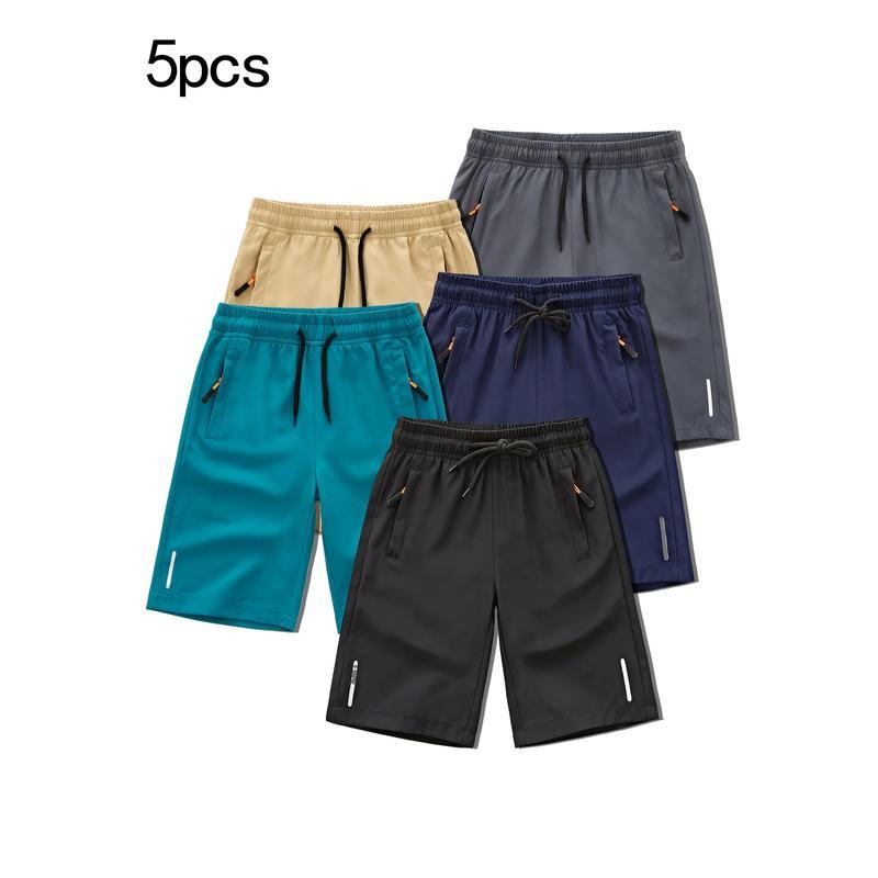 ASE-5pcs Boys' Summer Sports Shorts, Polyester 95%, Elastane 5%, Slight Stretch, Solid Color, Regular Fit, with Drawstring and Zip Pockets, Ages 12 and Under, Outdoor
