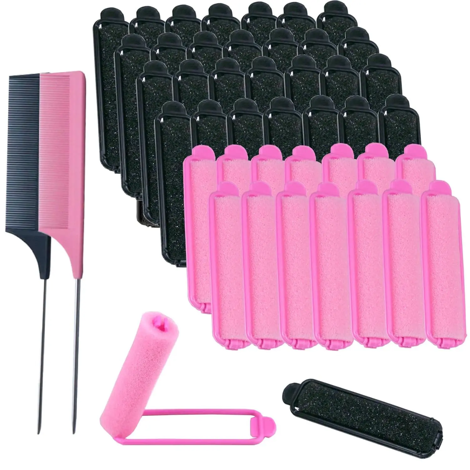 44 Pcs Foam Sponge Hair Rollers Set 0.59 Inch Flexible Hair Styling Sponge Curler Soft Sleeping Hair Curlers and Stainless Steel Rat Tail Comb Pintail for Hairdressing Styling(Black, Pink)