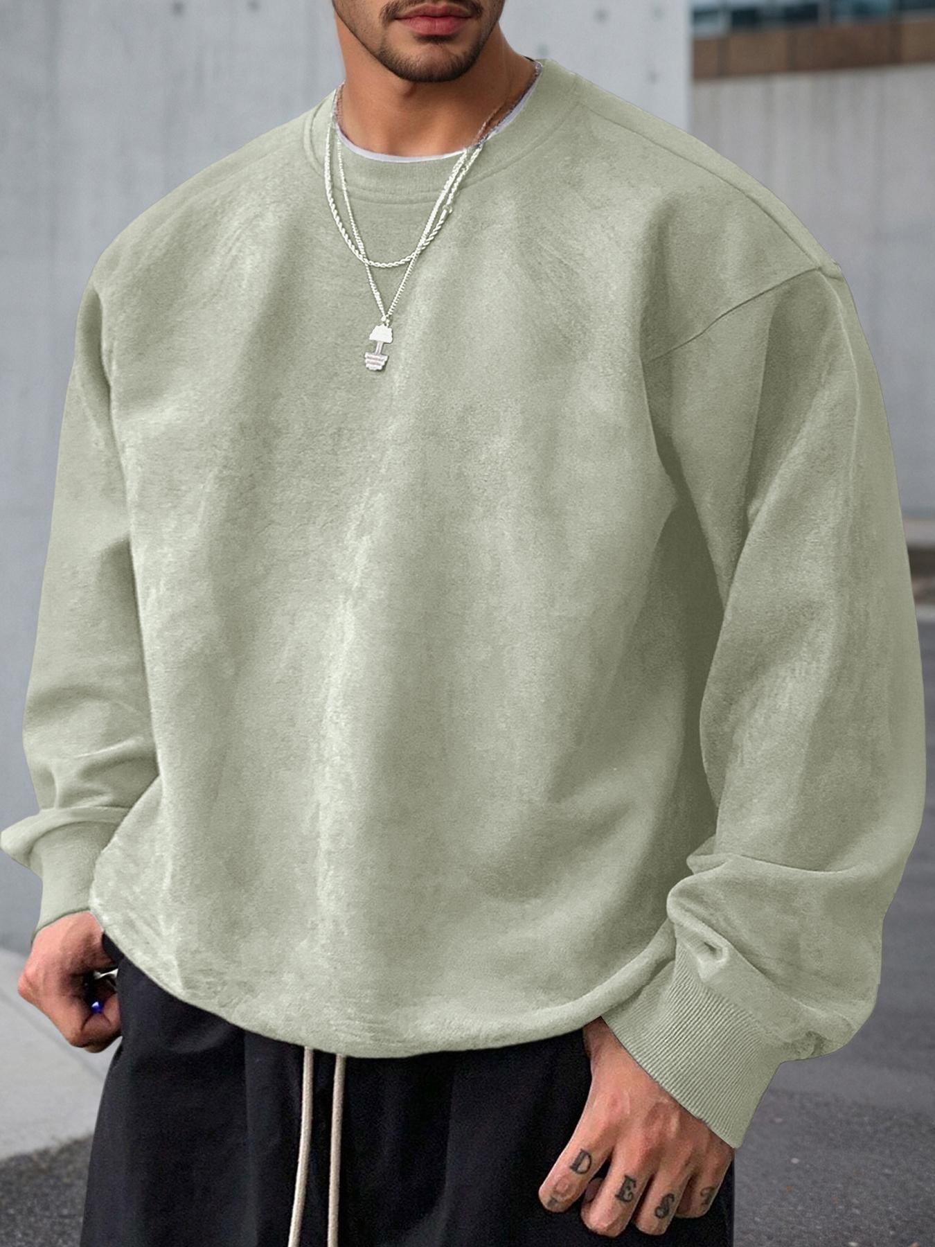 Men's Solid Color Plain Round Neck Drop Shoulder Long Sleeve Fleece Sweatshirt, Casual Fit for Fall & Winter, Comfortable Daily Wear