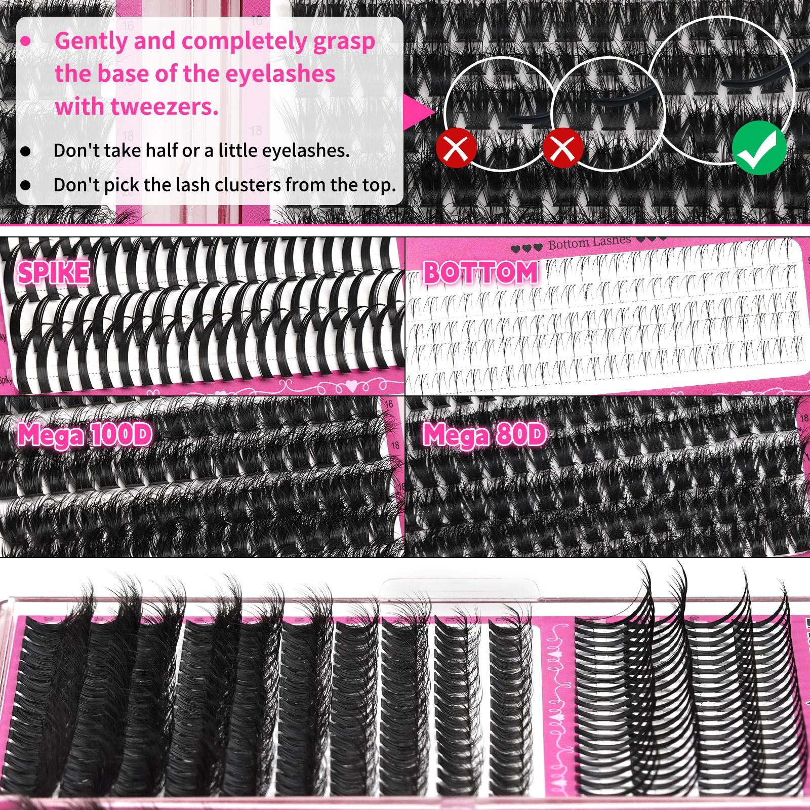 LASH SKYQD 472pcs 4 Styles D Curl False Eyelash Cluster Kit, Bottom/Spike/Mega 100D/Mega 80D Volume Lash Extensions Kit With Lash Bond and Seal Tweezers, Perfect for Beginners & Proficient, DIY at Home Easily, Easy Apply for Makeup Daily