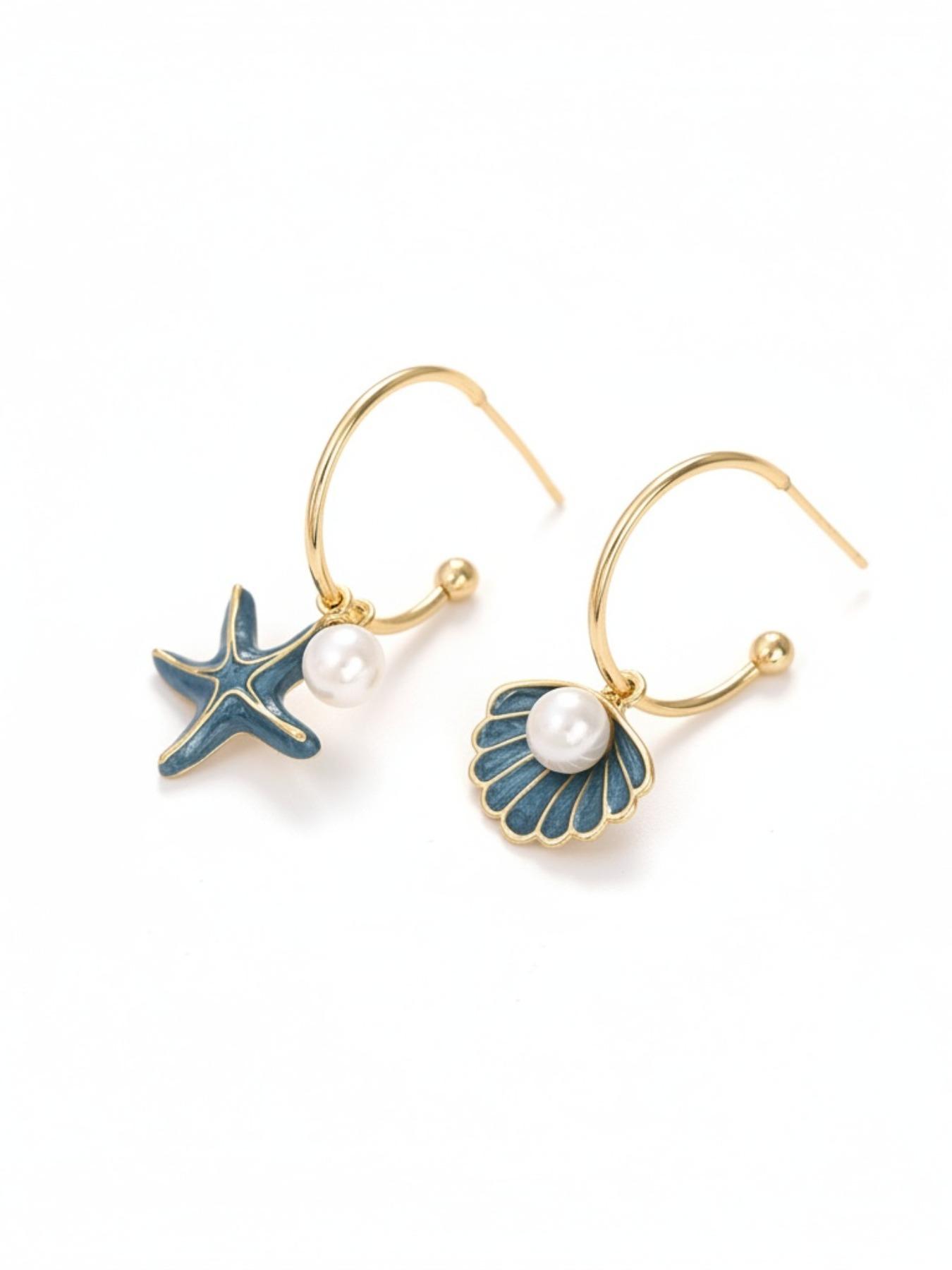 Asymmetrical Shell & Starfish Pearl Earrings for Women – Lightweight Ocean Style Drop Earrings Pearl Embellished High Quality Earrings