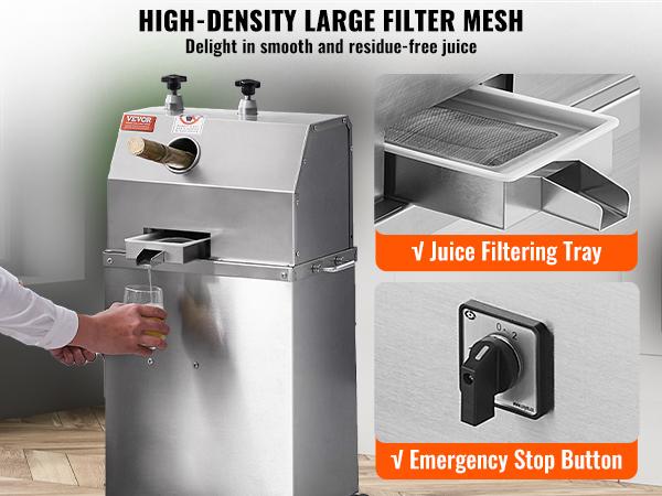 VEVOR Commercial Sugar Cane Juicer, 750W Electric Sugarcane Juicer Machine with 661LBS/H High Output, 3 Stainless Steel Rollers, Sugarcane Juice Press Extractor Squeezer on Wheels for Home/Commercial
