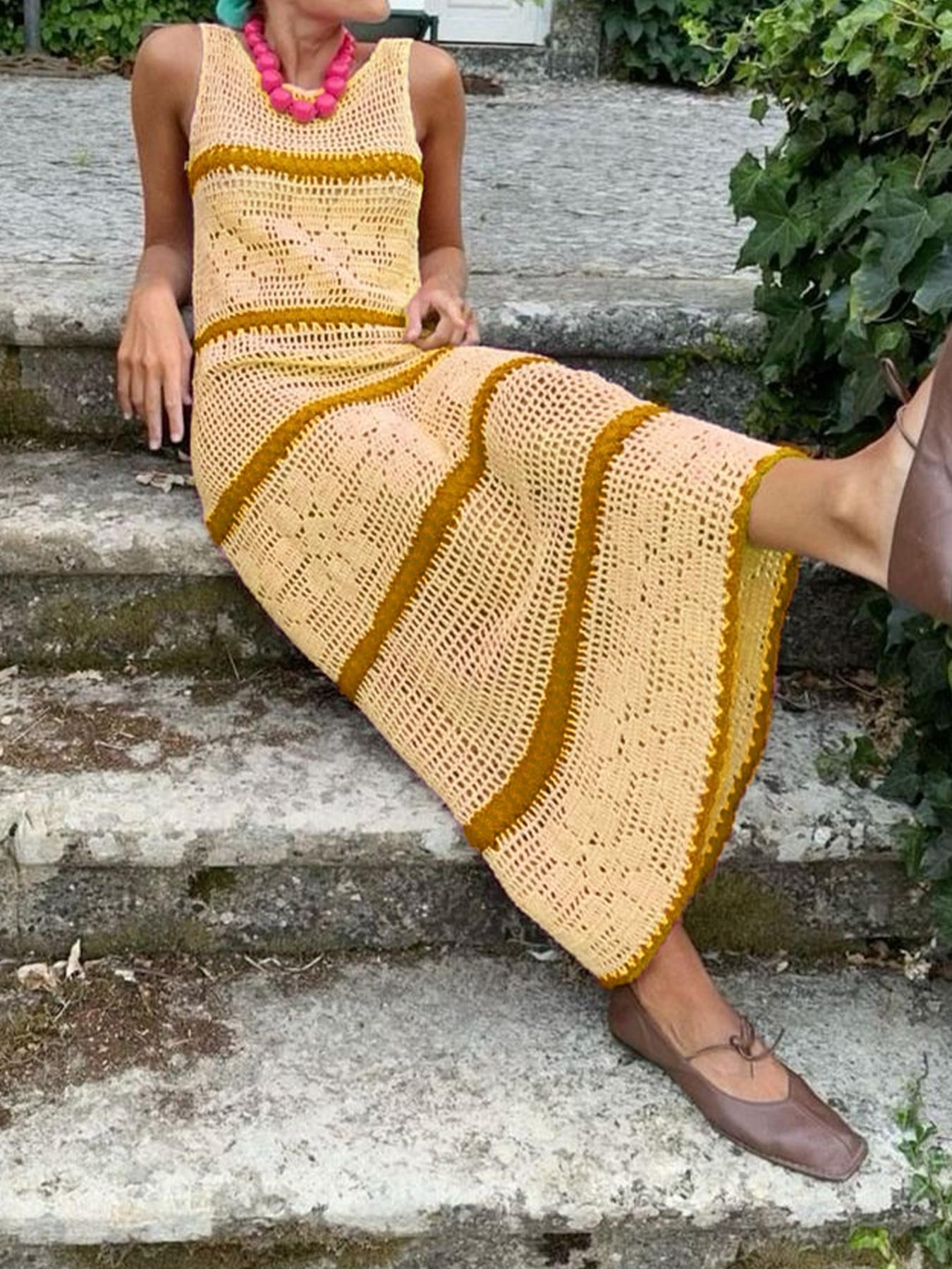 Women's Colorblock Crochet Sweater Dress, Casual Sleeveless Fitted Knitwear for Summer, Fashion Women's Clothing for Daily Wear, Womenswear, Piece Women's Colorblock Crochet Sweater Dress, Casual Sleeveless Fitted Knitwear for Summer, Fashion Women's Clothing for Daily Wear, Womenswear, Piece