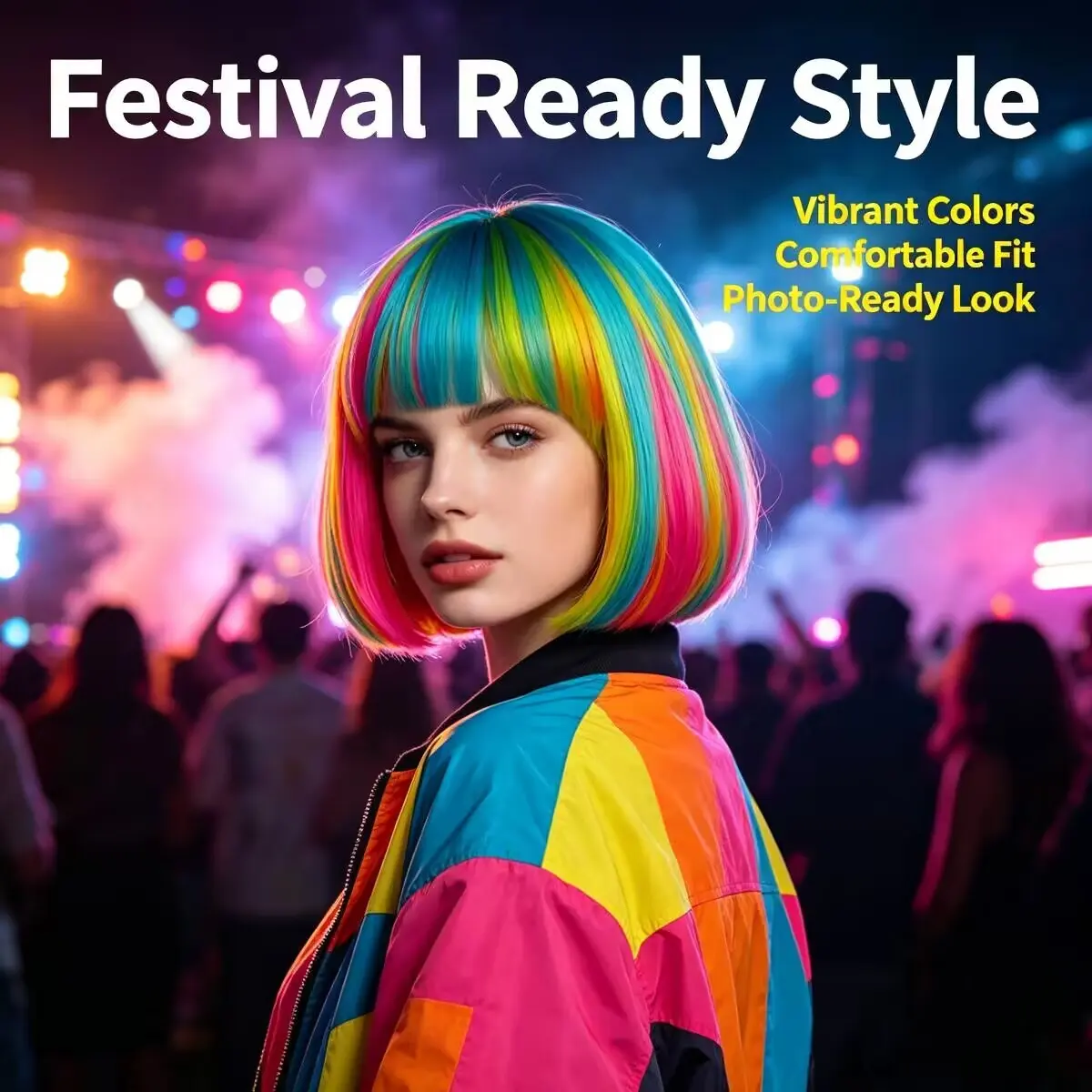 1 colorful bob wig, perfect as a Halloween gift. Features a multicolored gradient design and a breathable inner mesh. This fun, quirky short wig is ideal for party pranks, role-playing, and sports fan events, and makes a great creative gift.