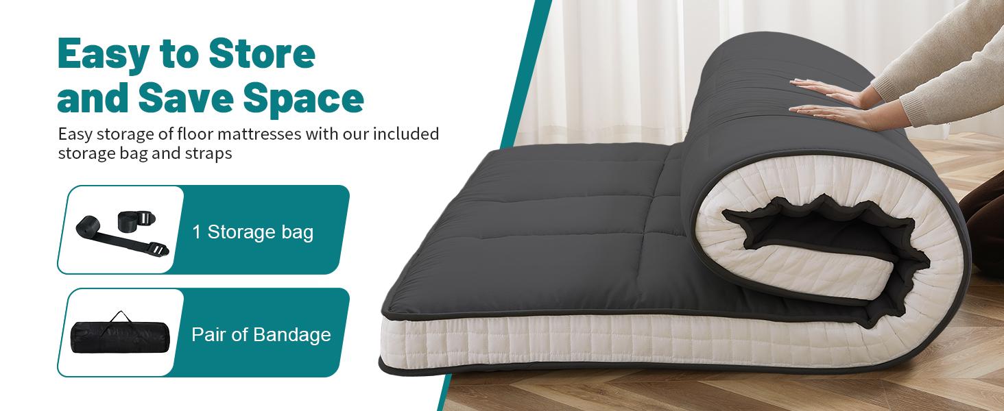 Lilypelle Japanese Floor Mattress Futon Mattress, Thicken Roll up Sleeping Mattress Tatami Mat Floor Bed, Foldable & Portable Camping Mattress with Storage Bag, Twin Full Queen