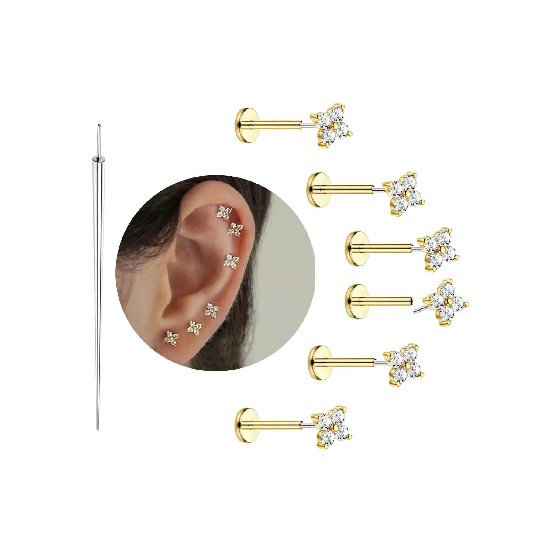 Flower Cartilage Earrings Studs Flat Back Hypoallergenic Stainless Steel, Threadless Push in Studs for Tragus Helix Nostril Conch Piercing Jewelry 20G 18G 16G