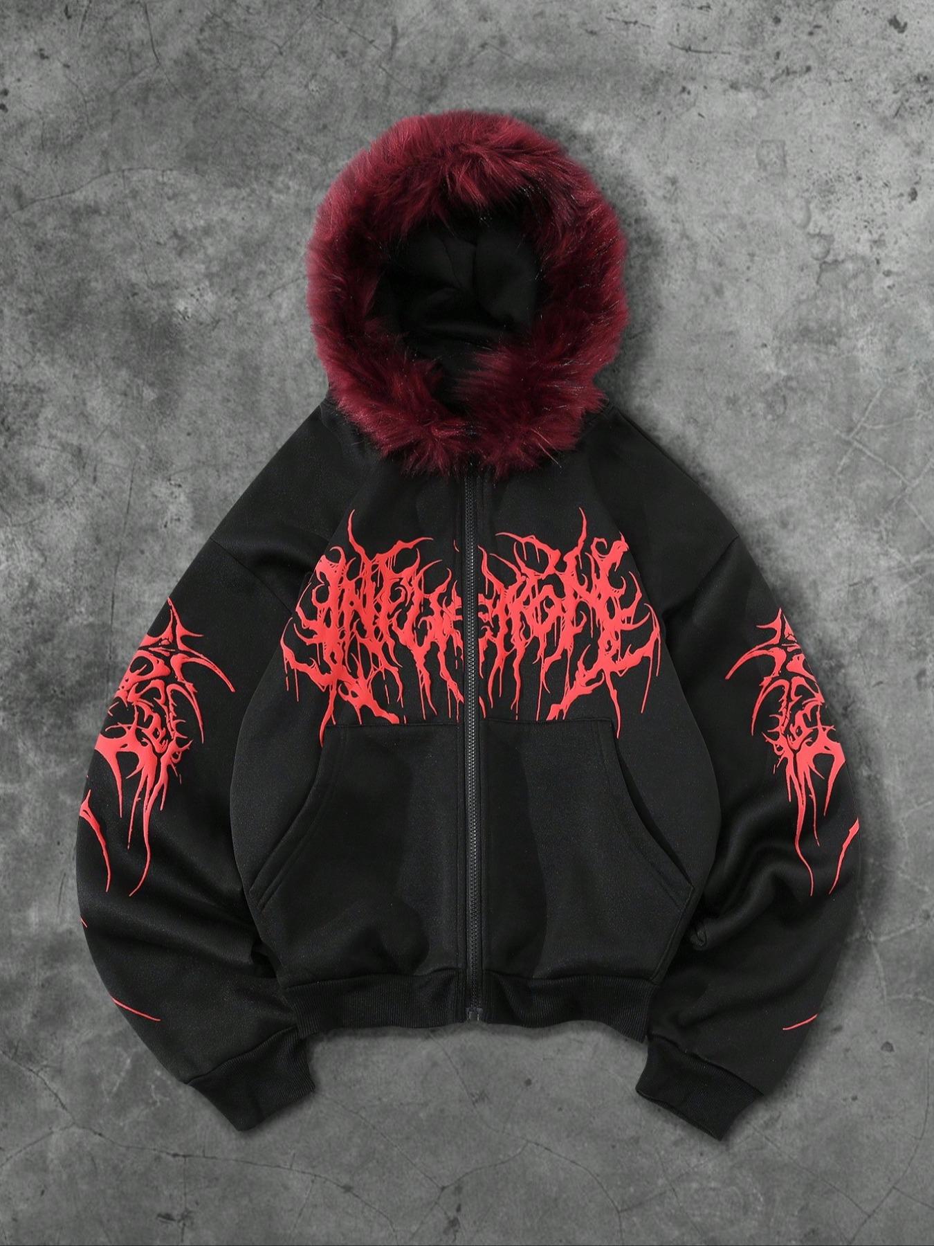Y2K Cyber Grunge Full Zip Hoodie with Red Furry Hood | Gothic