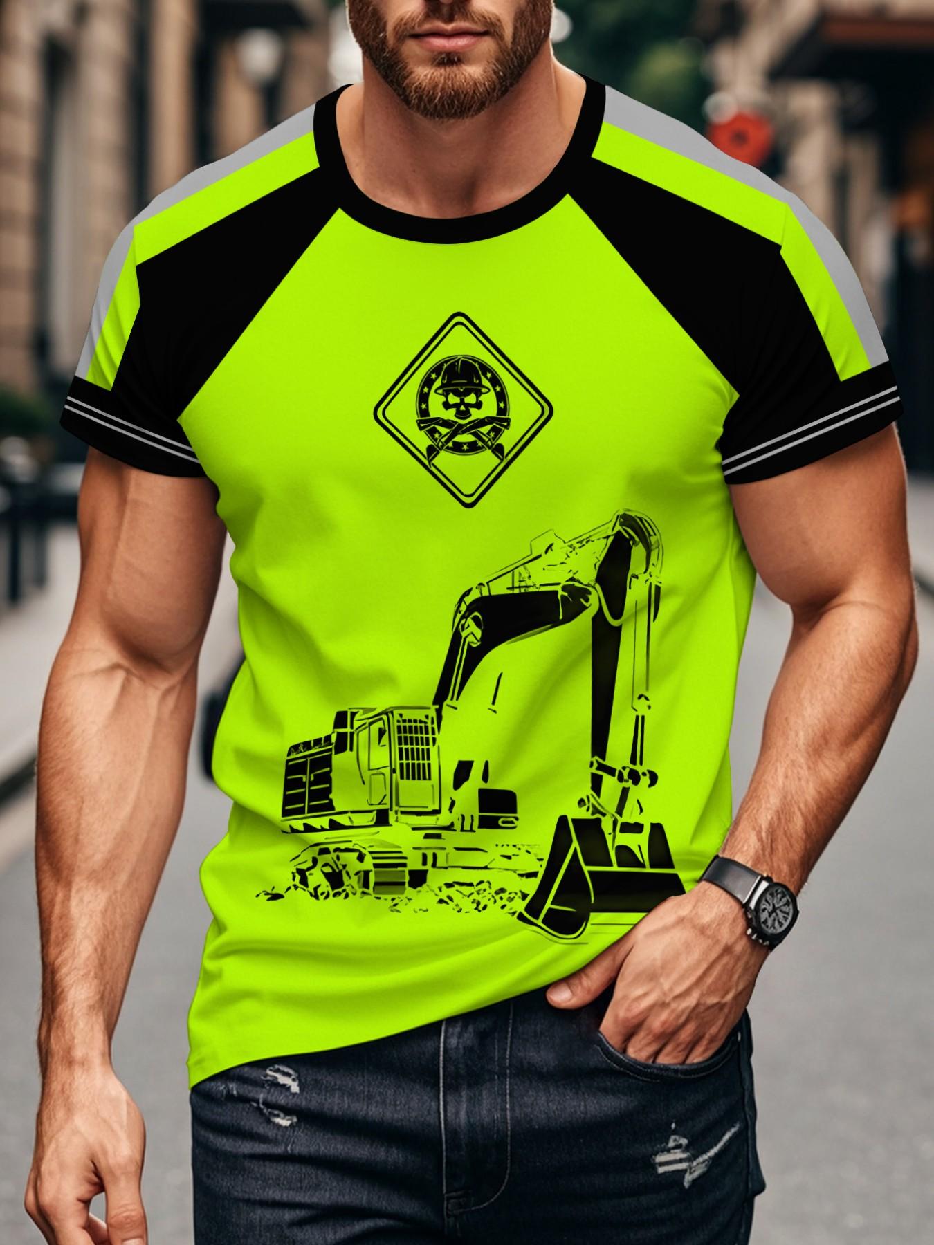 Men's Fluorescent Skull T-Shirt, Construction Worker Style, Half Sleeve, Loose-Fit, Casual Fashion, Long Clothing