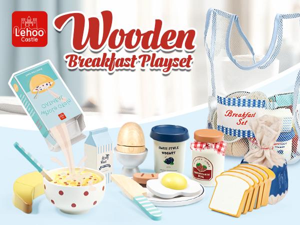 Wooden Pretend Play Food, Wooeden Breakfast Food, Play Food Sets with Shopping Bag for Kids Kitchen, Fake Food Pretend Play for Kids, Realistic Food Playset Cutting Fruit Bread Egg Bag, Role Playing Toys for Kids