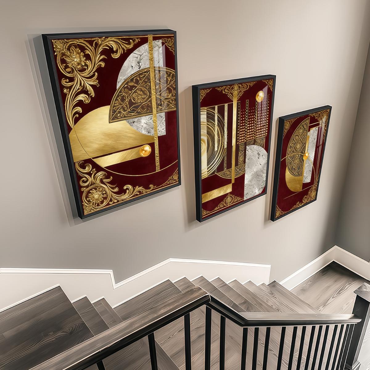 3 Counts Aluminum Alloy Framed Painting, Abstract Geometric Gold And Burgundy Art, Home Decoration For Living Room, Bedroom, Office, Restaurant, Hallway Wall Decor, Odorless Print Artwork, Luxury Perfect Gift For Friends And Family