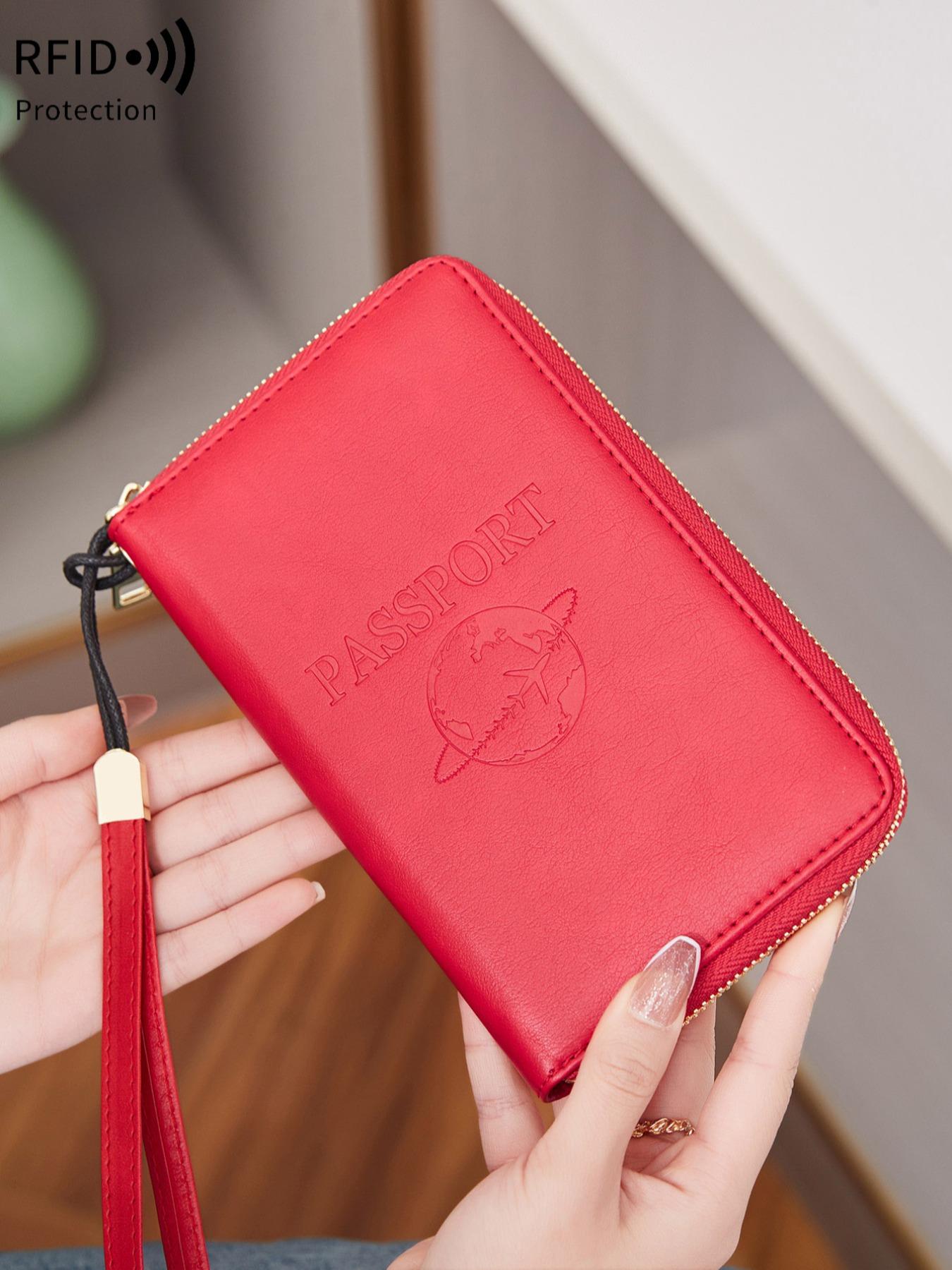 Letter Pattern Embossed Passport Holder, Summer 2025 New Arrival Multi-functional Portable Airplane Pattern Ticket Clip, Pu Leather Credit Card Travel Zipper Wallet with Wrist Strap, Travel Essential