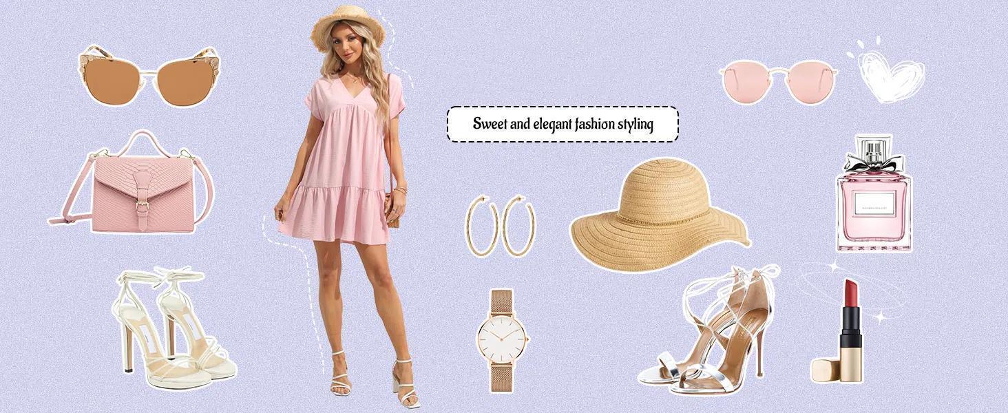 LAICIGO Women Summer Simple Style V Neck Flowy Babydoll Dress Comfy Loose Fit Short Sleeve Mini Tunic Dress Beach Dresses