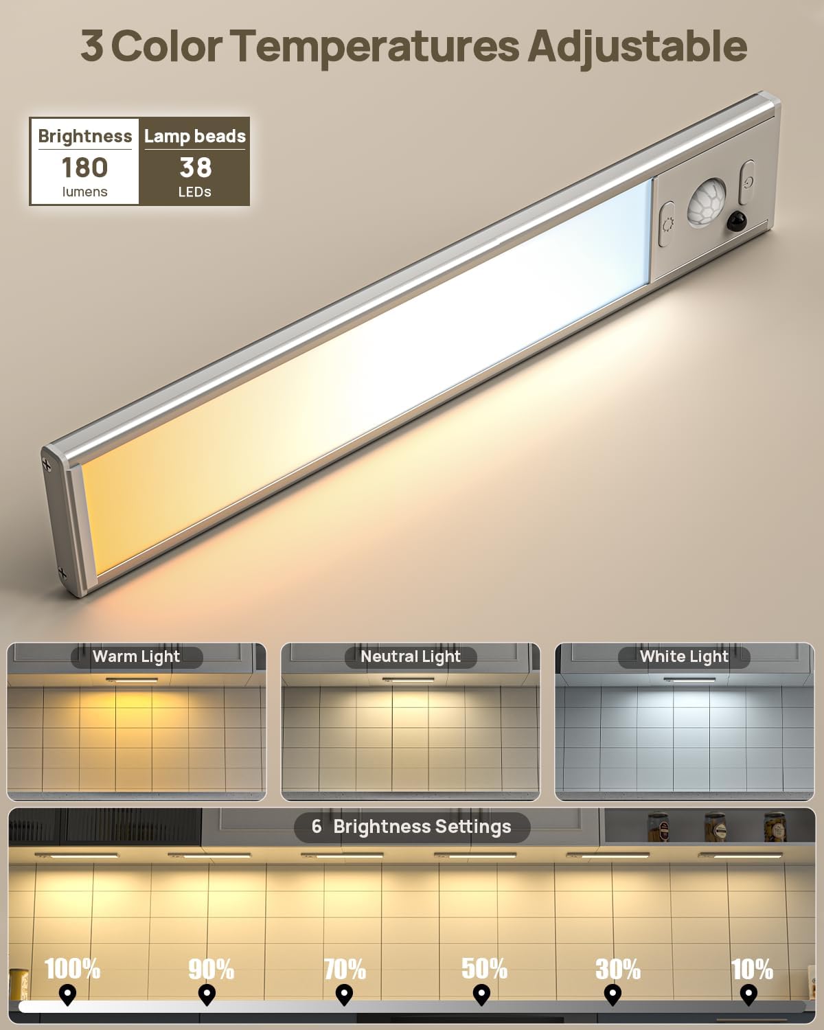 9" Under Cabinet Lighting Wireless, Motion Sensor Light Indoor with Remote, LED Rechargeable Closet Light, 3 Color Temps, Dimmable, Magnetic, Under Counter Lights for Kitchen, Stairs, Pantry