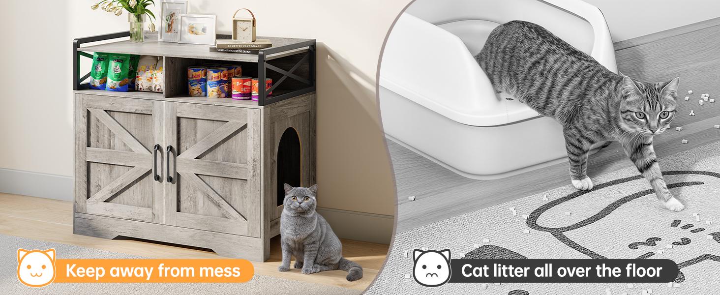 Litter Box Enclosure for 2 Cats, Hidden Litter Box Furniture with Double Rooms, Cat Bed, PVC Pad and Scratch Pad, Grey