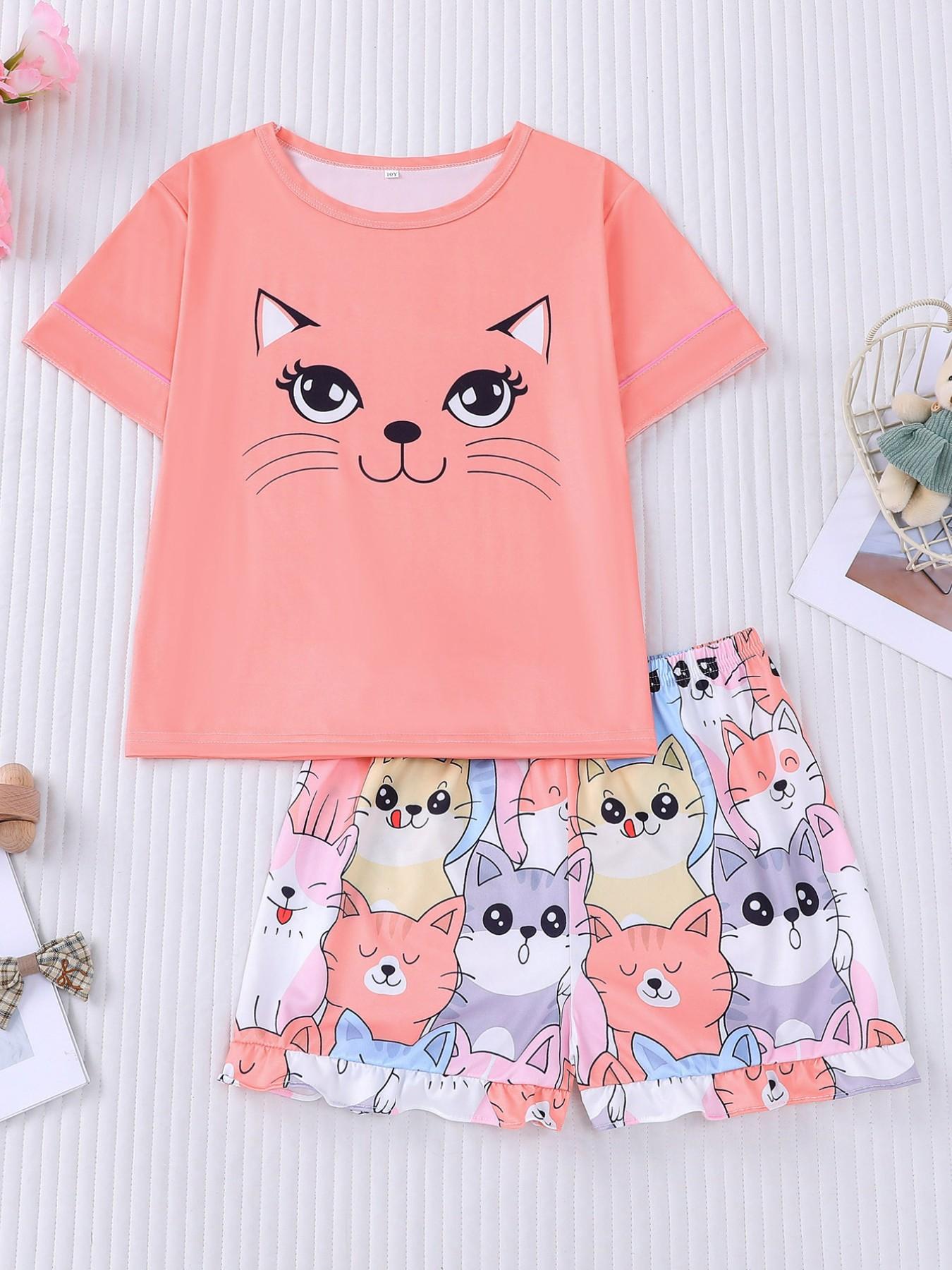 Cartoon Cat Theme Sleepwear Set, Summer Fire Retardant Fabric, Cute Short Sleeve Pajamas, Cartoon Print Pajama, Casual Home Wear, Kids Gift Set