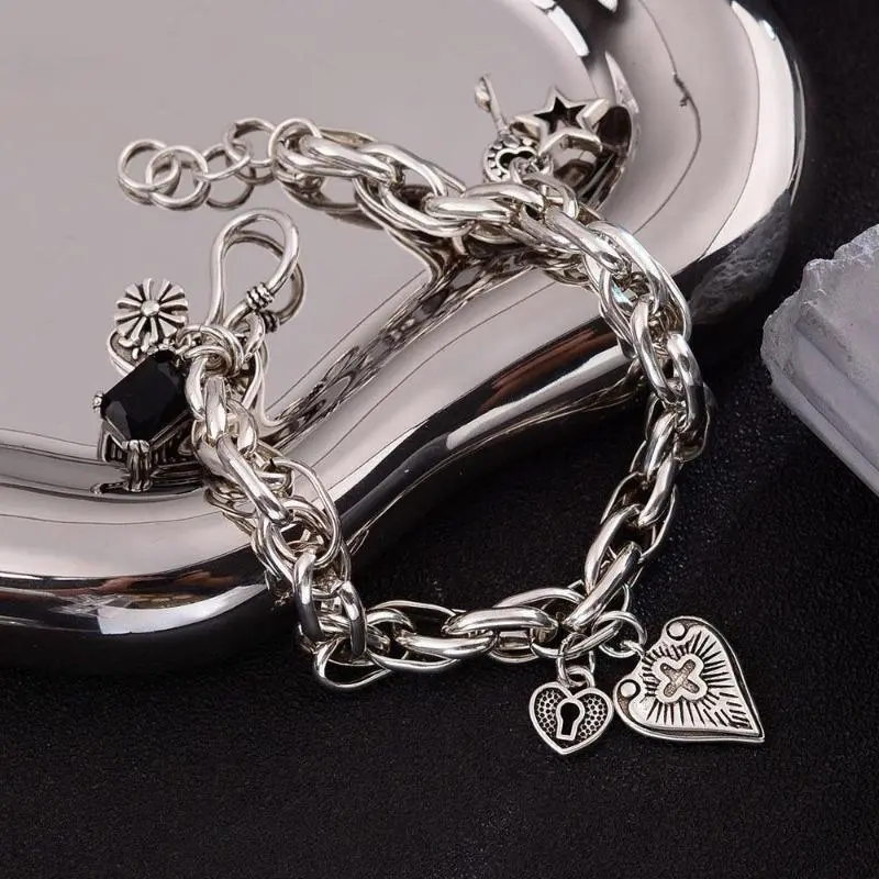 925 Sterling Silver Vintage Heart-Cross Pendant Bracelet - Adjustable String Fit Charm Bracelet, Minimalist Sporty Chic Sports & Outdoor Protective Gear, Unisex Adult Couple Birthday Gift, Bracelet With Pendant