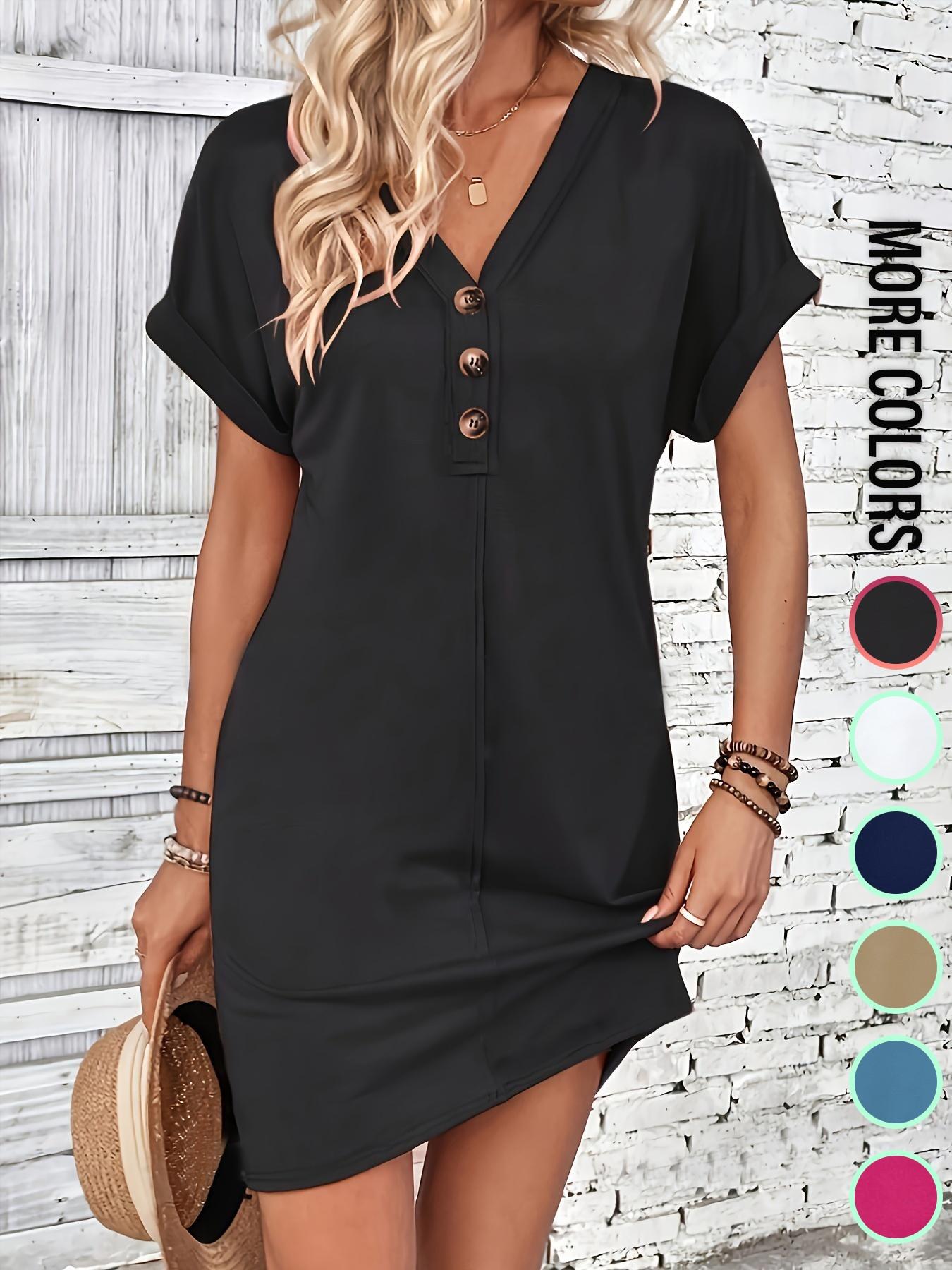 Women's Plain Button V Neck Tee Dress, Casual Short Sleeve Batwing Sleeve Short Dress for Summer, Fashion Women's Dress, Casual Wear Women's Plain Button V Neck Tee Dress, Casual Short Sleeve Batwing Sleeve Short Dress for Summer, Fashion Women's Dress, Casual Wear
