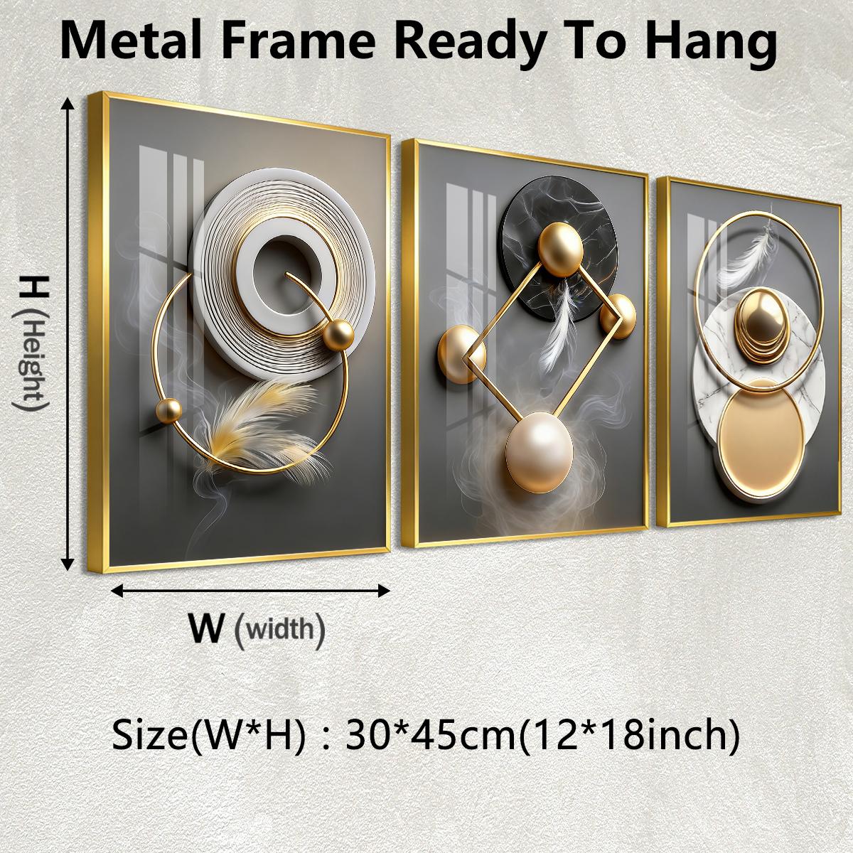 3 Counts Aluminum Alloy Framed Painting, Modern Abstract Geometric Gold And Feather Art Pictures, Home Decoration For Living Room, Bedroom, Office, Restaurant, Hallway Wall Decor, Odorless Print Artwork, Luxury Perfect Gift For Friends And Family