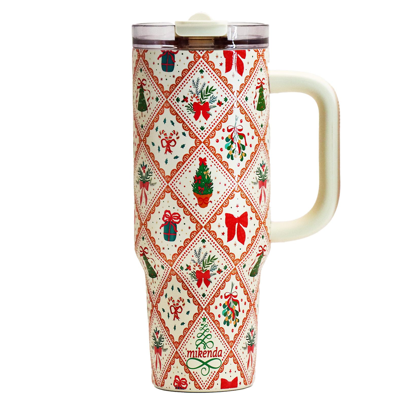 1 Pc 40oz insulated thermal mug with handle, double wall leak-proof vacuum cup, pink Christmas tree and bow pattern, festive cute holiday design, keeps hot 12 h/cold 24 h, large capacity tumbler for hot cold drinks, Thermos Cup, Thermal Flask