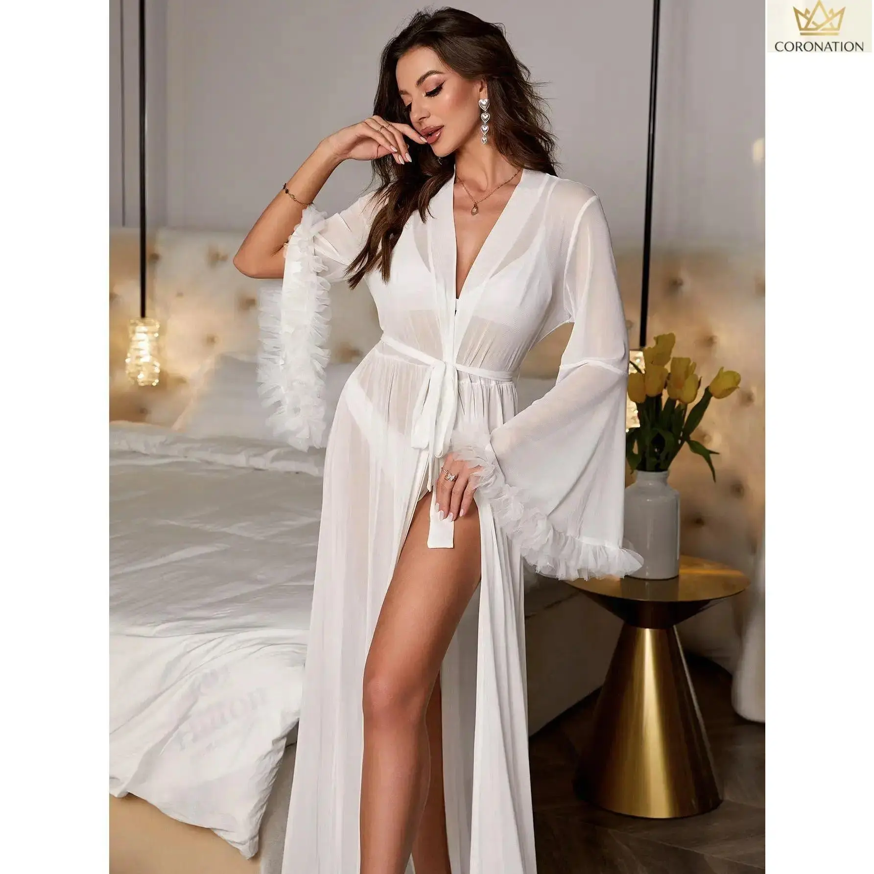 Women's Sheer Mesh Bridal Robe, Aesthetic Wedding Getting Ready Robe with Ruffle Trim & Long Bell Sleeves, Soft Belted V-Neck Lingerie Cover Up for Honeymoon, Bridal Shower, Boudoir Photos, Romantic Loungewear