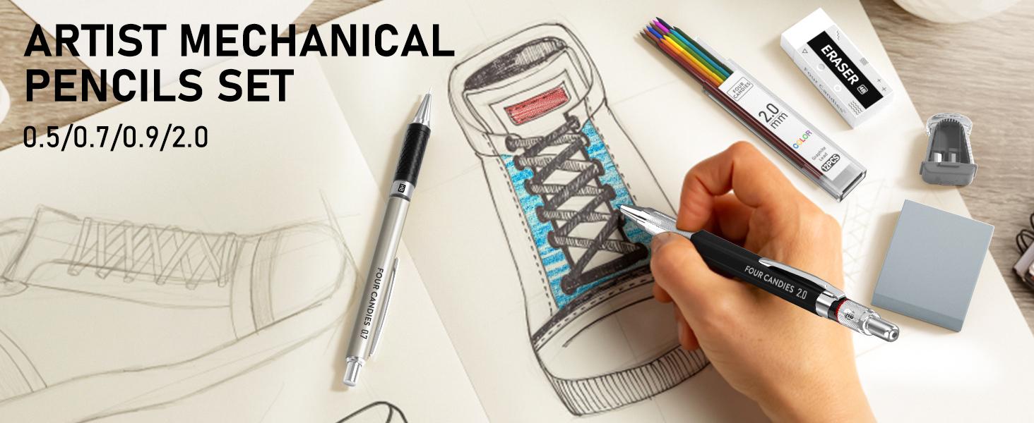 Four Candies 25PCS Art Mechanical Pencil Set with Case 3PCS Metal Artist Lead Pencil 0.5, 0.7, 0.9 mm & 3PCS 2mm Holder (HB 2H 2B 4B Color) with 432PCS Graphite Lead Refills for Drawing Sketching Essential for art students back to school gifts