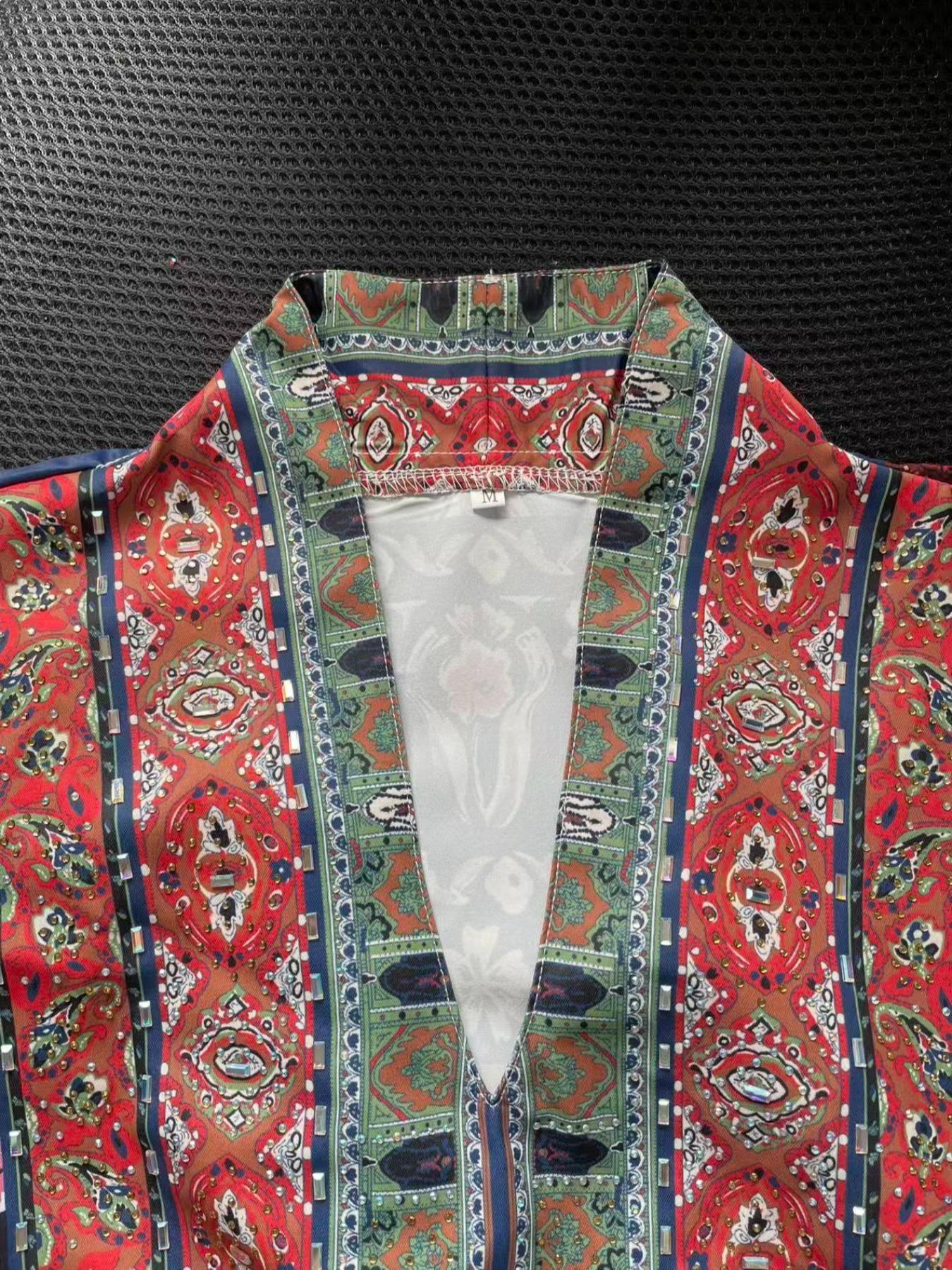 Women's Blue Printed Embellished Long Robe, Dubai Style Kaftan Evening Gown, Eid Al-Fitr Festival Dress, Abaya with Full Rhinestones