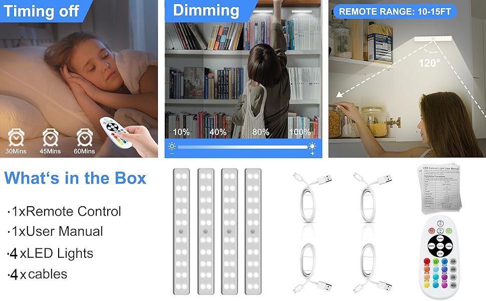 Diomart Under-Cabinet Lighting, Dimmable RGB Stripe 48 LED Stripes with Remote - 15 Color-Changing Nightlight for Home-Shelf, Kitchen, and Pantry. Colorful Backlight