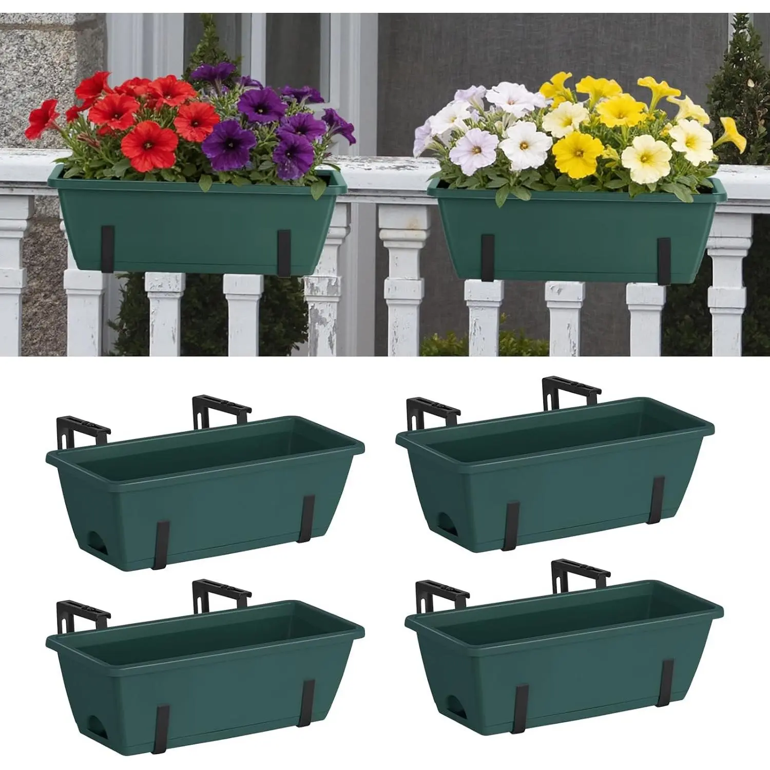4 Pack Railing Planter Box 16.9 Inches Window Flower Boxes with Metal Brackets Balcony Planters Railing Hanging Fence Planter Plastic Outdoor Deck Railing Planter Boxes, Green