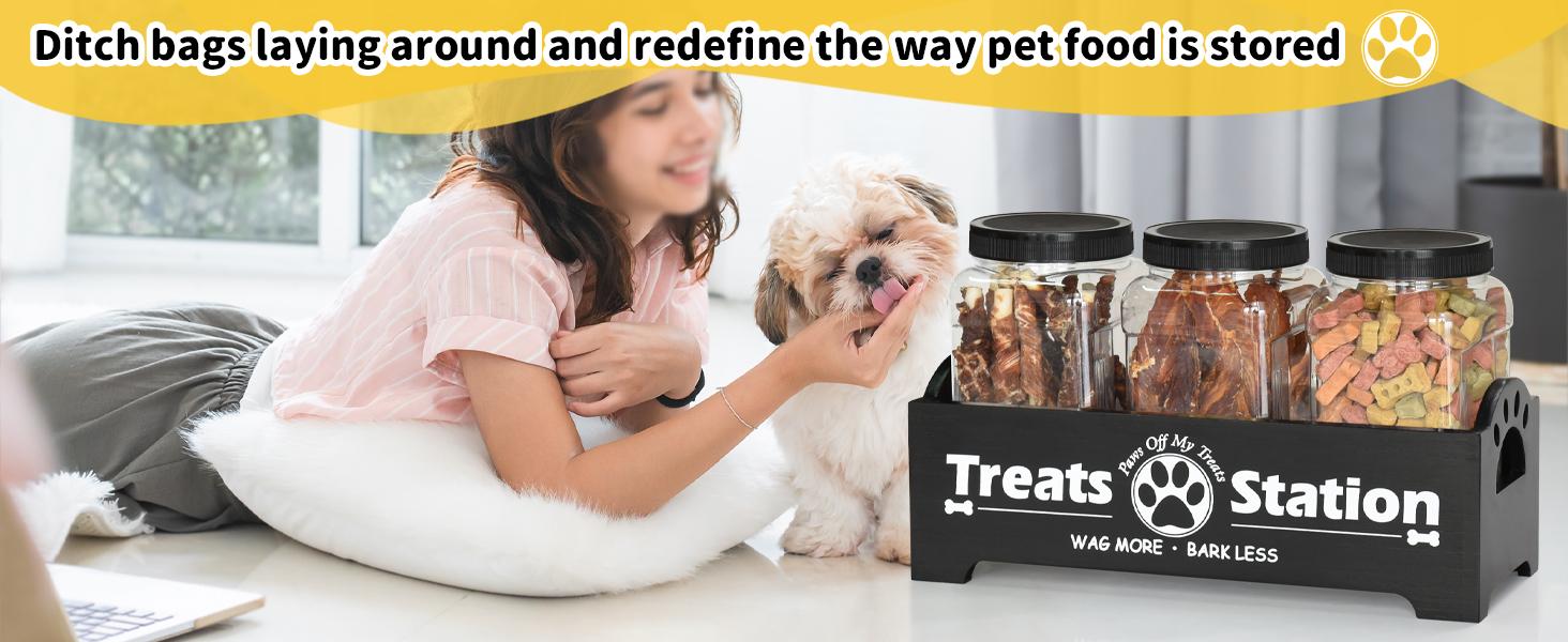 Dog Treat Container Dog Food Storage Container for Countertop, Cat Food Storage Container with 3 Plastic Dog Treat Jar, Dog Food Storage Container for Dog and Cat, Black Wooden Dog Food Container