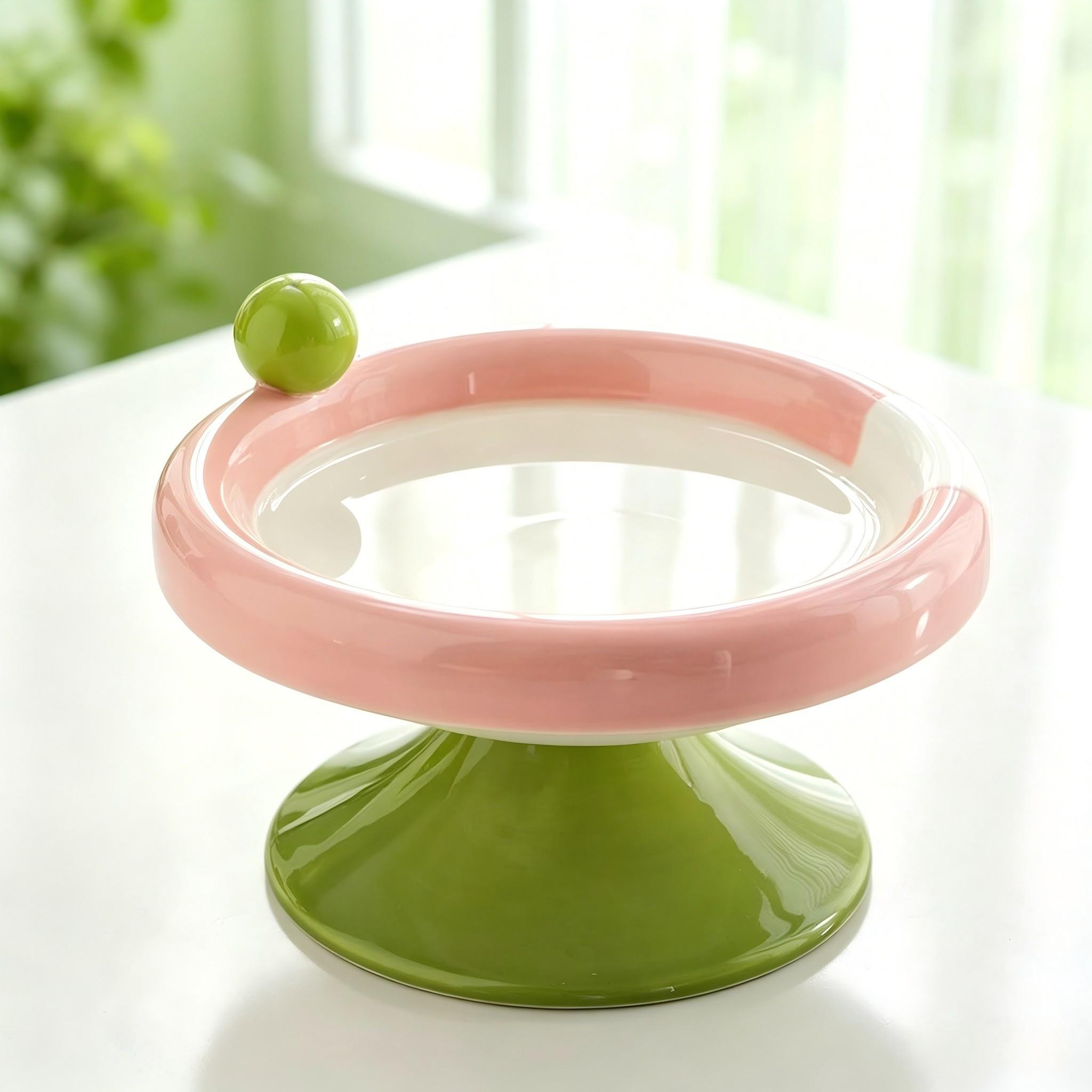 Macaron Color Cute Ceramic Elevated Cat Feeding Bowl, Small Raised Food Dish for Cats and Small Dogs, Reduces Neck Strain