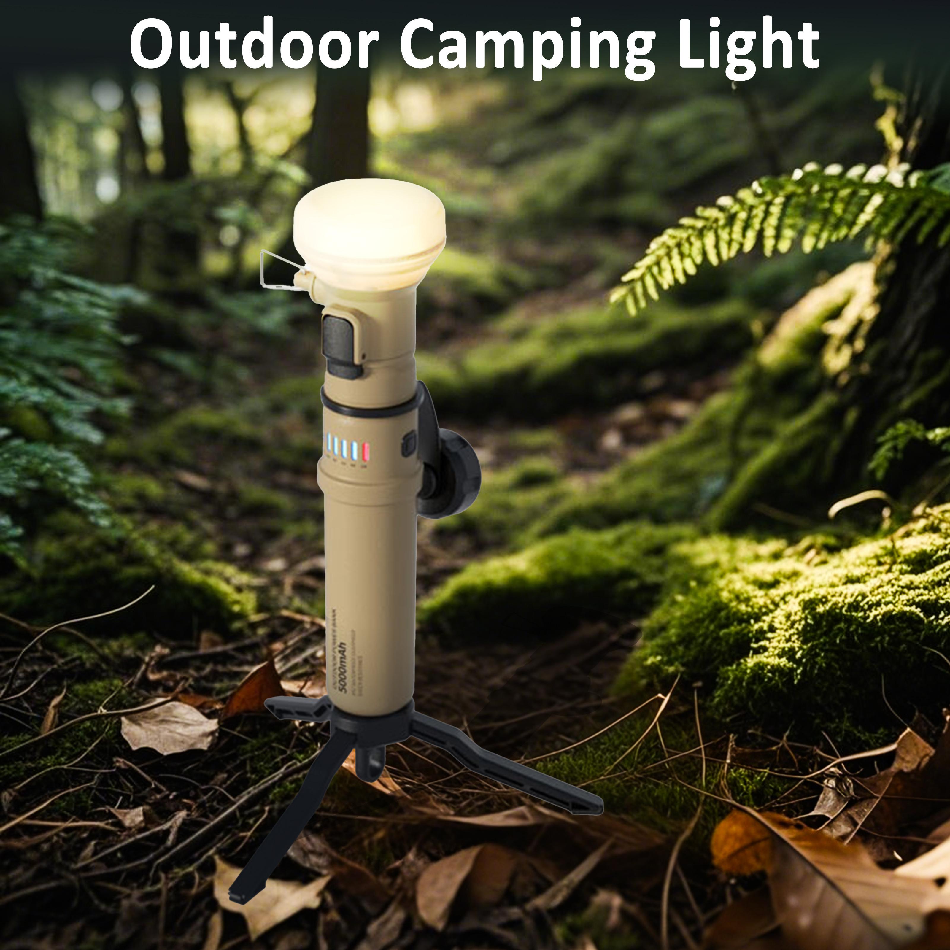 Camping Light with Mini Tripod, USB Rechargeable LED Lantern & Power Bank, Stepless Dimming, 5000mAh Battery，Fast Phone Charging, Camping Lantern for Hiking, Fishing, Emergency Outdoor Use