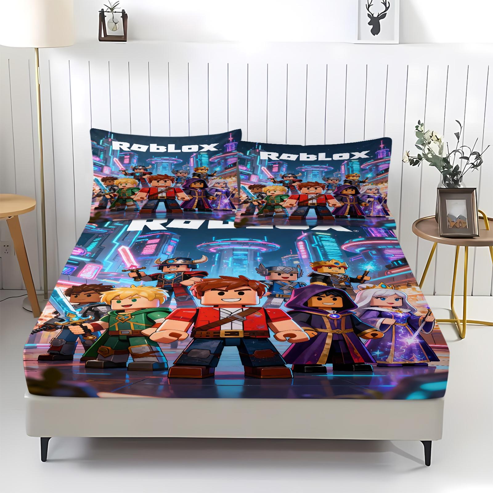 3-Piece Roblox Pattern Bedding Set, Includes 1 Fitted Sheet & 2 Pillowcases, Comfortable Durable Bed Linen, Non-Slip for Bedroom, Kids Gift, Soft Bedding Sets