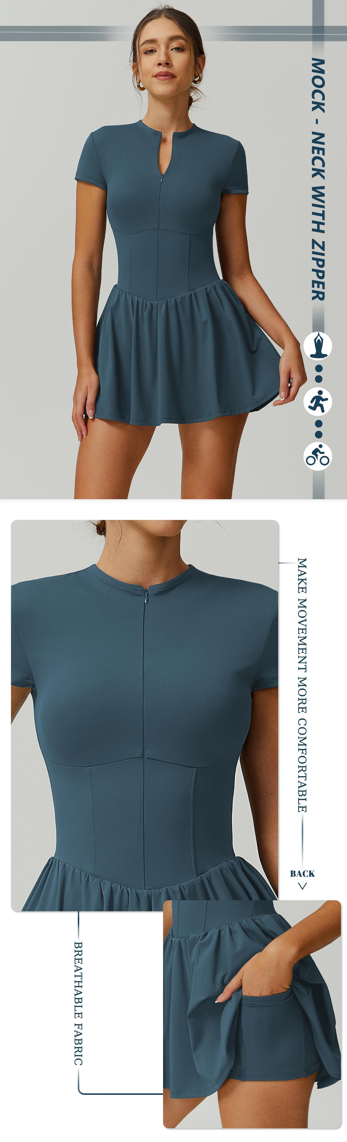 TIMEOFF Women's Short Sleeve Zip-Up Mock Neck Athletic Romper with Flared Skirt - Sporty Chic Dress, Athleisure Tennis Attire, Women's Clothing for Summer Fitness,summerwins