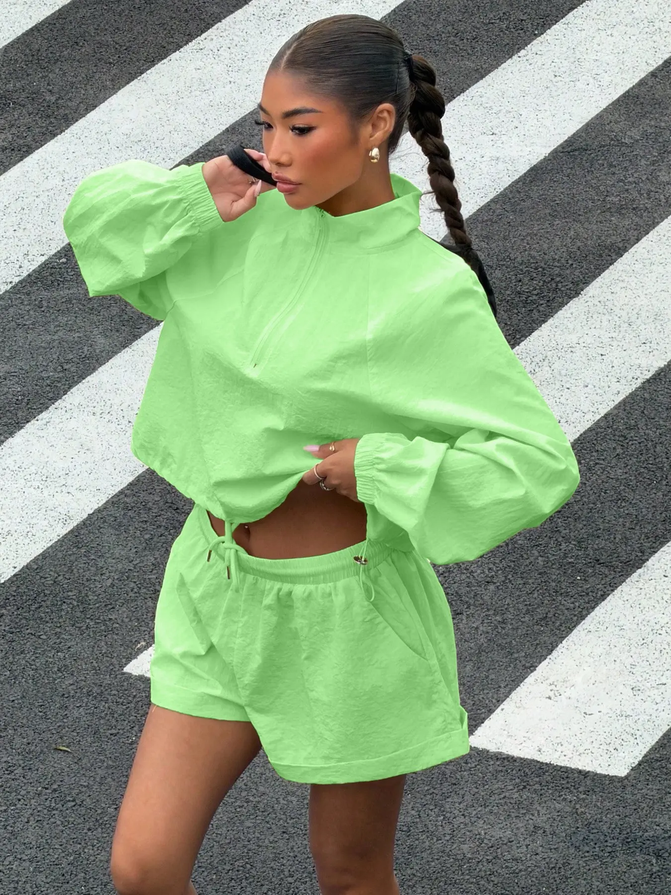 Bright Color Stand Collar Windproof Sport Set for Women, Drawstring Hem Short Top, Casual Running Shorts Set, Yoga Fitness