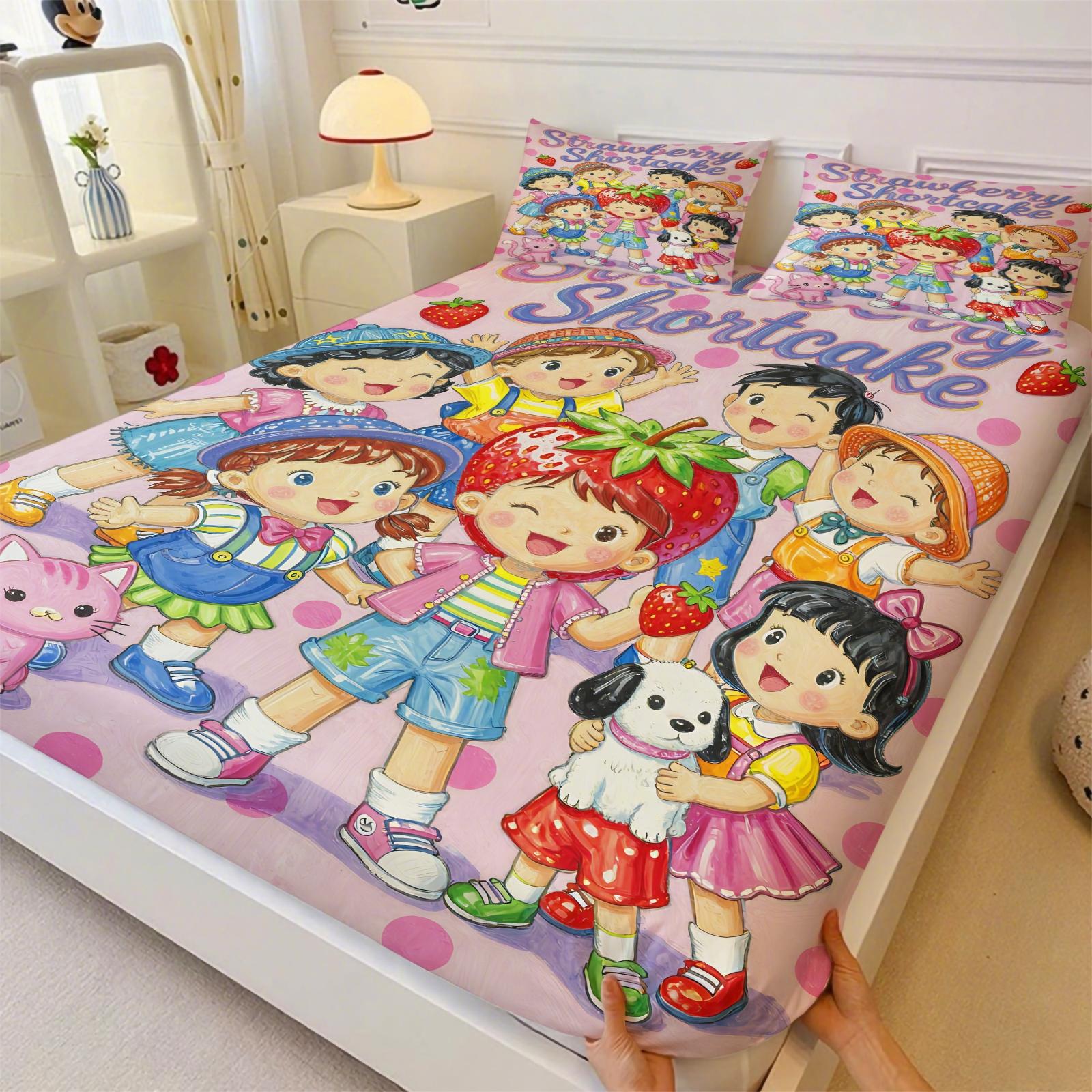 Strawberry Sweetheart Fitted Sheet Set and 2 Pillowcases No Core, Bright Colors, Watercolor Style Characters Collection, Soft Anti-Slip Wrinkle-Resistant, Fairy-Tale Girls Room, Kids Room Decor, Gift Idea