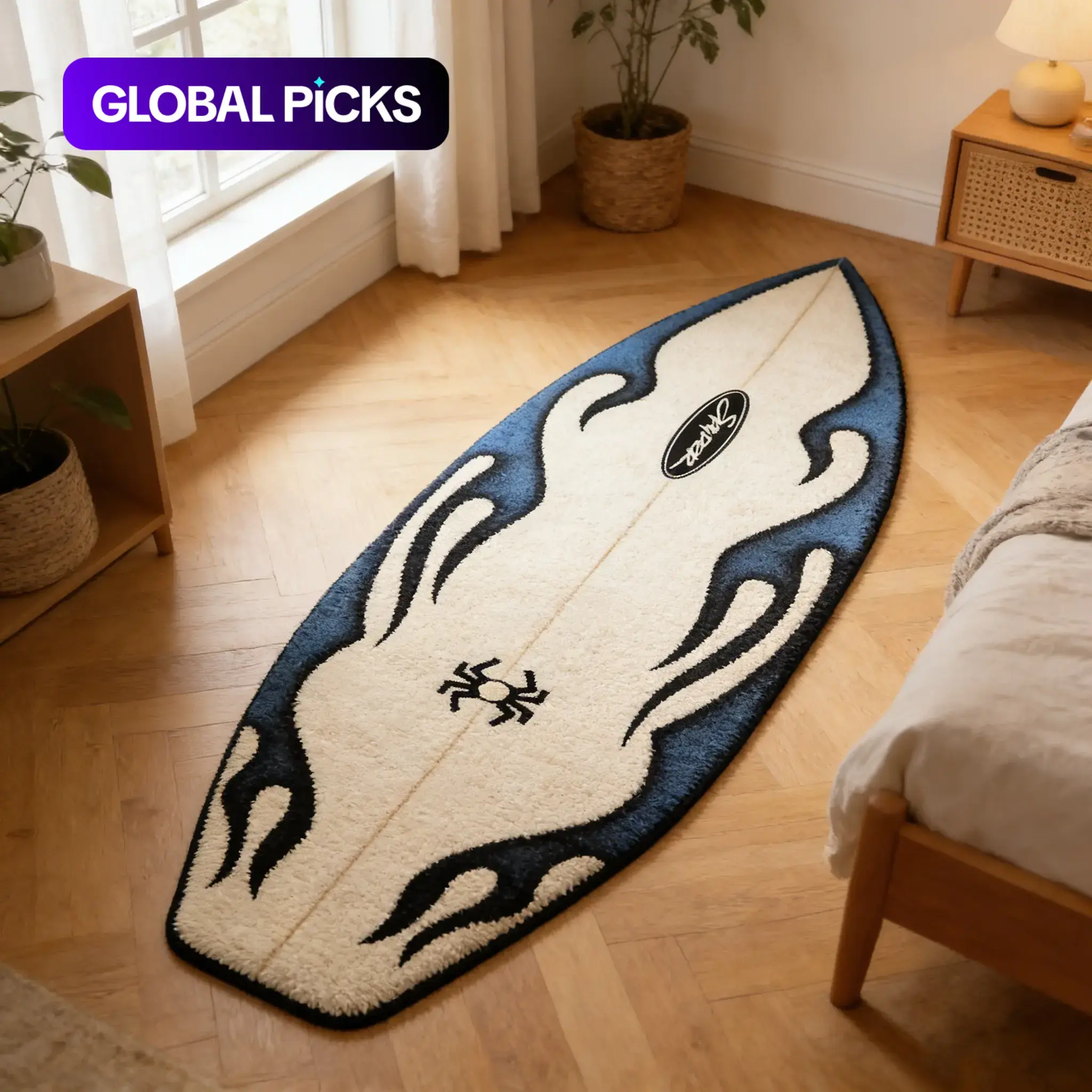 Blue and White Flame Surfboard Alien Carpet Trendy Color Blocking Flocked Floor Mat Anti-Slip Wear-Resistant Bedside Mat Sporty Space Decor Pad Suitable for Ins Style / Streetwear Fashion #GLOBAL PICKS