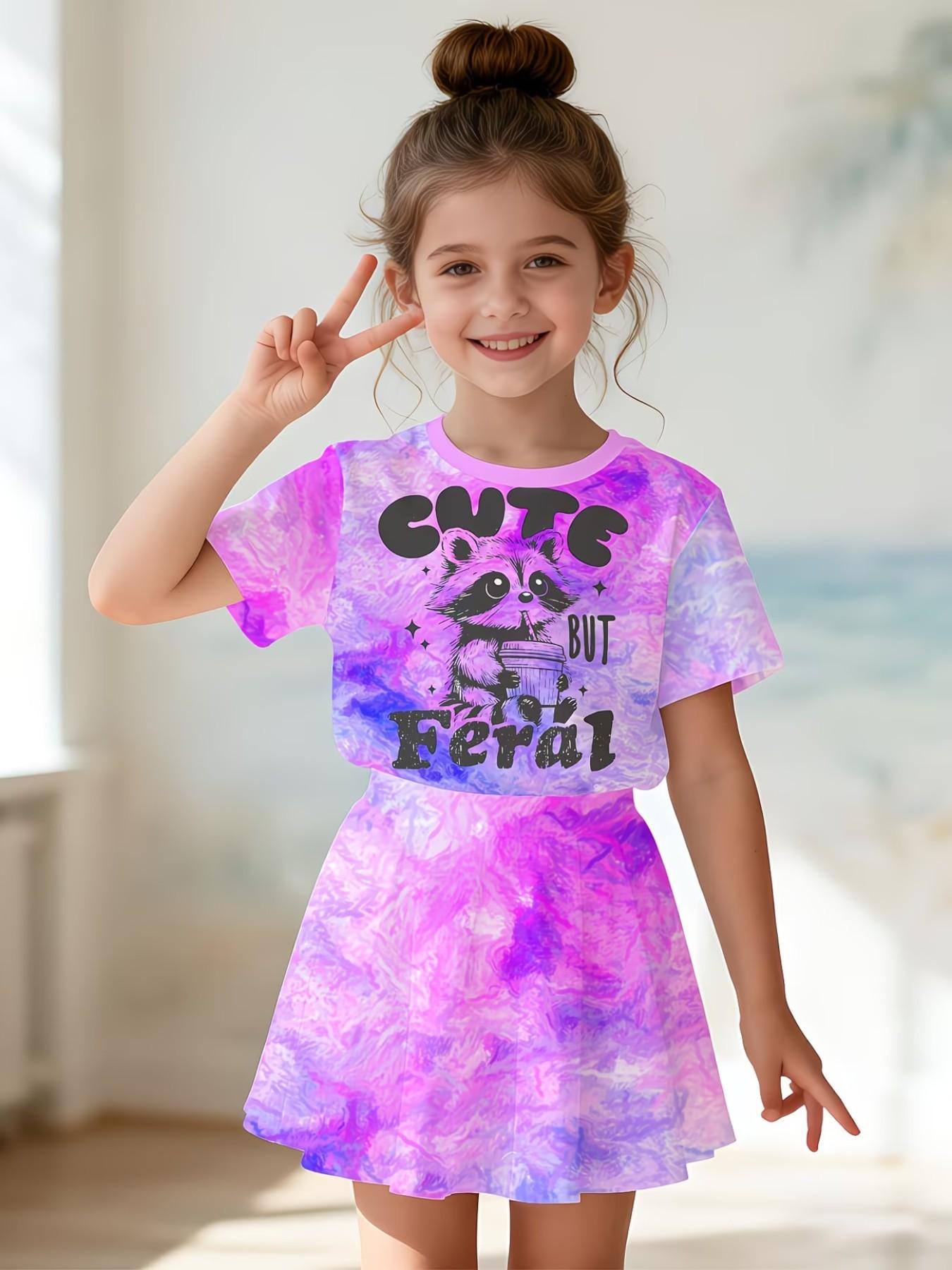 Girls' 3D Cat Print Top and Skirt Set, Summer Casual, Round Neck Short Sleeve, Slim-Fitting, All over Print, Two-Piece Suit