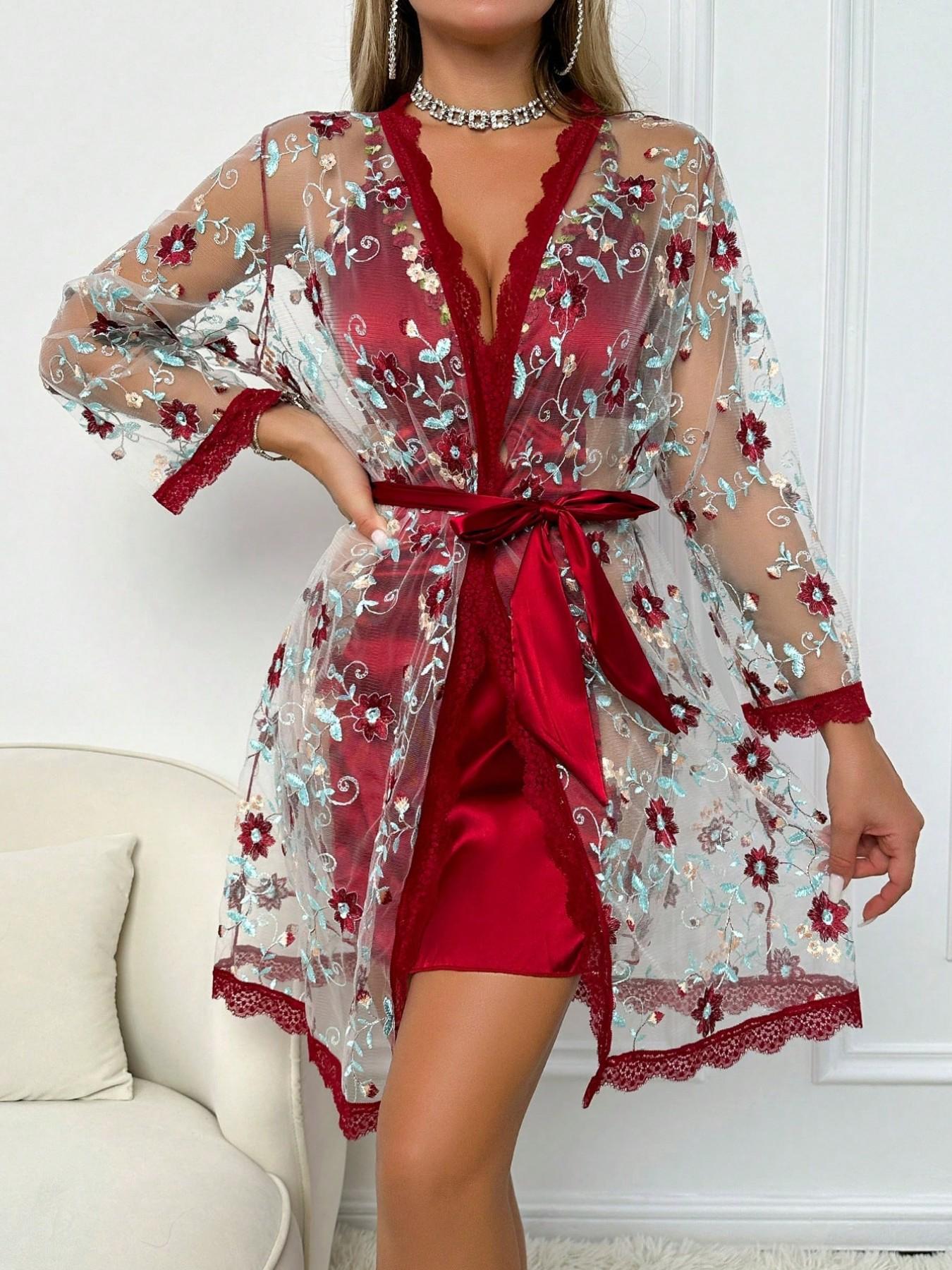 Women's Lace Patchwork Robe Two-Piece Set, Comfortable Fashion Home Pajamas, Ideal for Relaxing at Home, Elegant Sleepwear, Lightweight Design