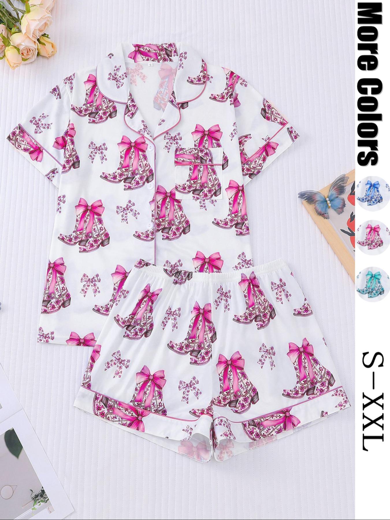 Women's All Over Print Button Front Shirt & Elastic Waist Shorts Pyjama Two-piece Set, Casual Comfy Short Sleeve Top & Shorts PJ Set, Ladies Sleepwear for All Seasons, Cute Pajama Sets