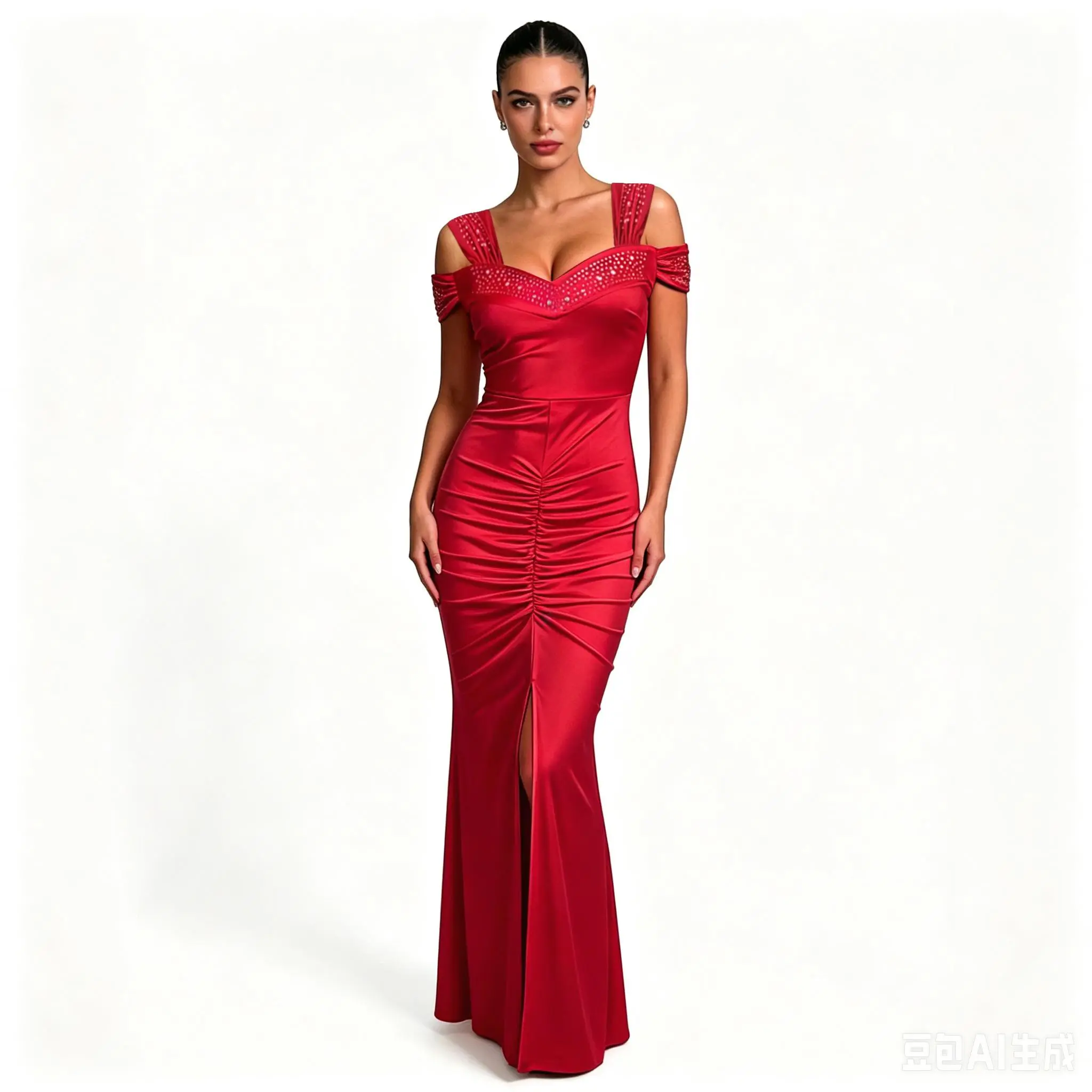 Women's Formal Off-Shoulder Gown, Pleated Rhinestone Embellished Fishtail Evening Dress with High Slit for Prom, Formal Wear, Lady Elegant Womenswear
