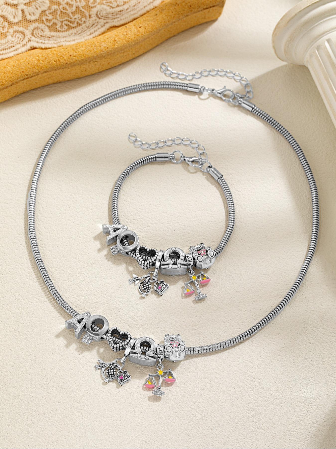 Elegant Bear Zodiac Pendant Necklace Bracelet Set, Zircon Heart Letter Jewelry for Women, Perfect Gift for Holidays Birthdays, Zirconia Jewelry Set