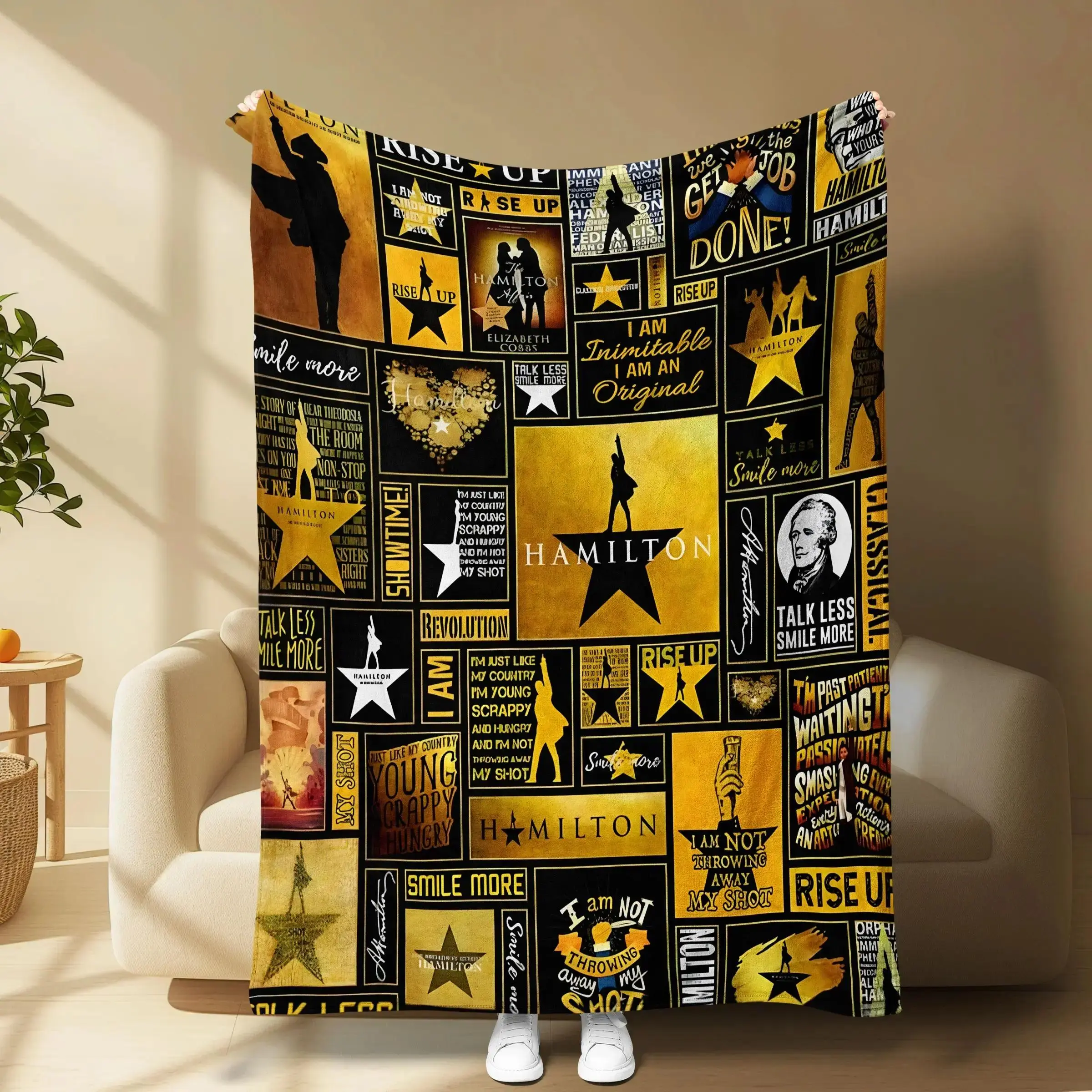 Hamilton Music Throw Blanket with Soft Flannel Filling, Classic Quotes and Outline Design Embroidered Signage, Perfect for Bedroom Decoration and Air-Conditioned Rooms