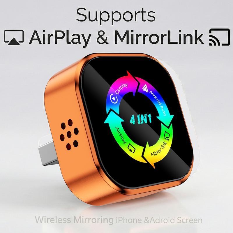 2026 New 4-In-1 Carplay Wireless Adapter, Hands-Free Call, Airplay, Mirror Link, Netflix, Youtube, Bluetooth-compatible 5.0, Compatible with iPhone/android