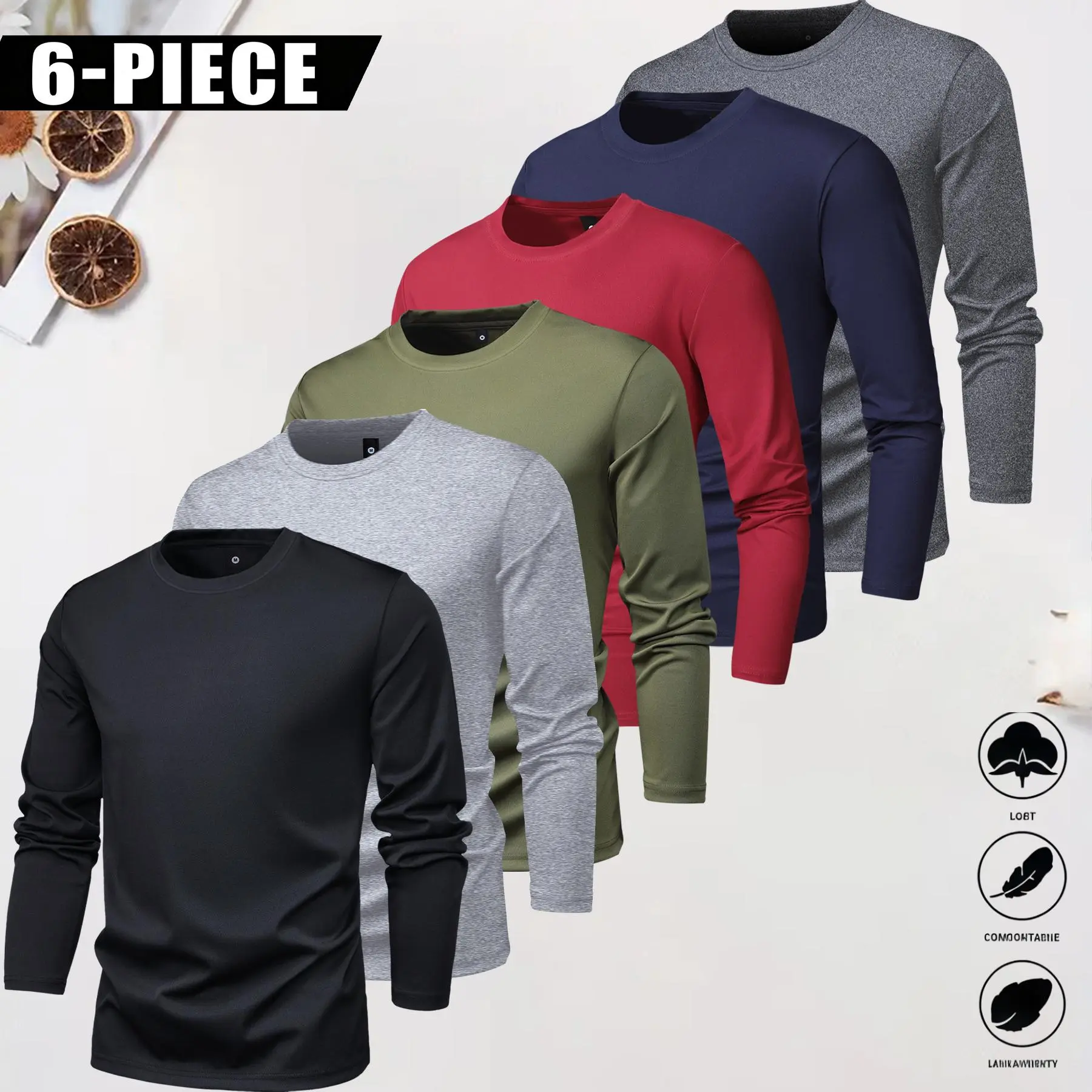Men's Vintage Plain Polyester Multi-Pack Long Sleeve Tees - All-Season Fitted Extended Length Tops, Machine Washable Functional Athletic Shirts for Outdoor Activities, Ideal Boyfriend Gift, Polyester Clothes